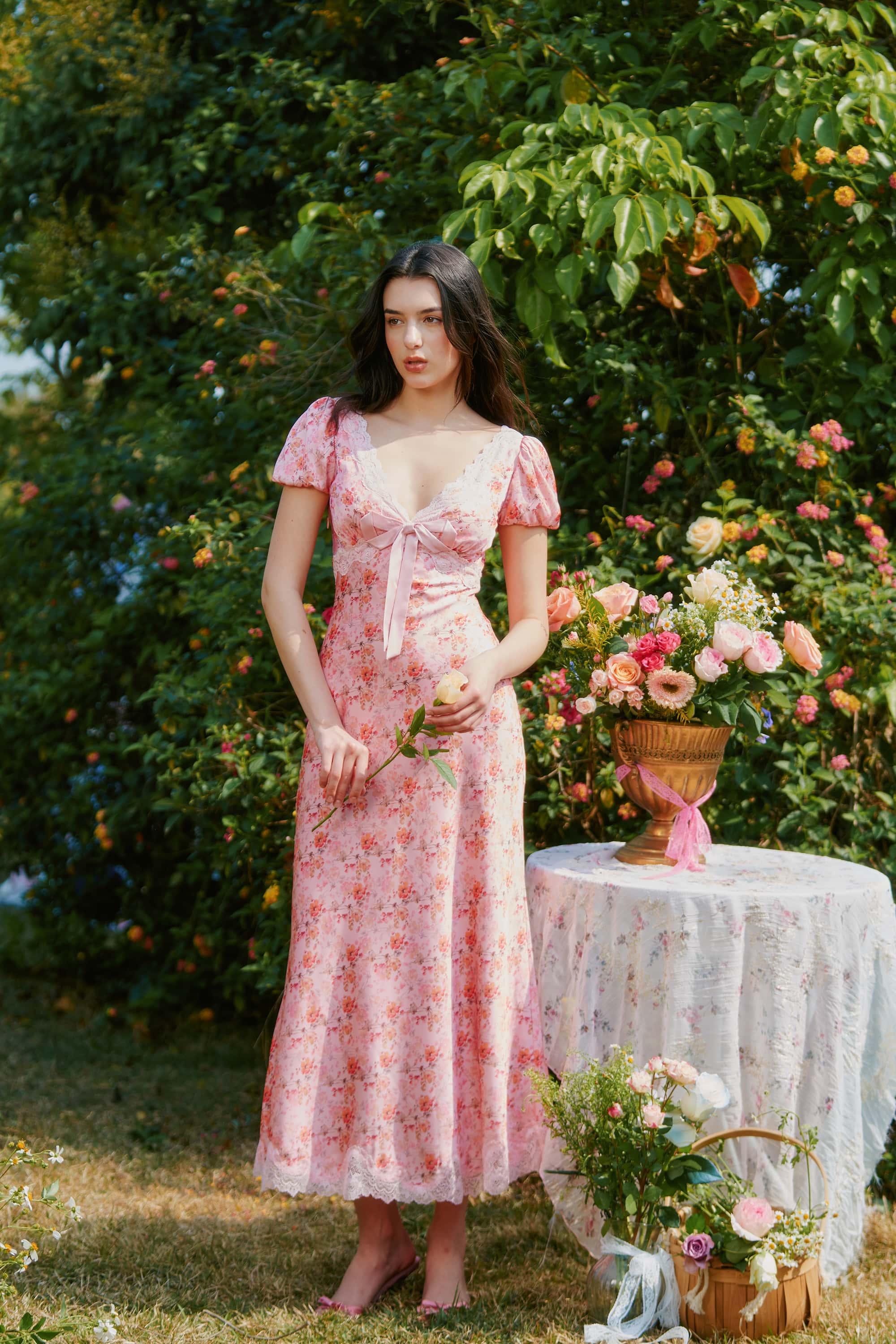 Vienna Satin Floral Lace Maxi Dress