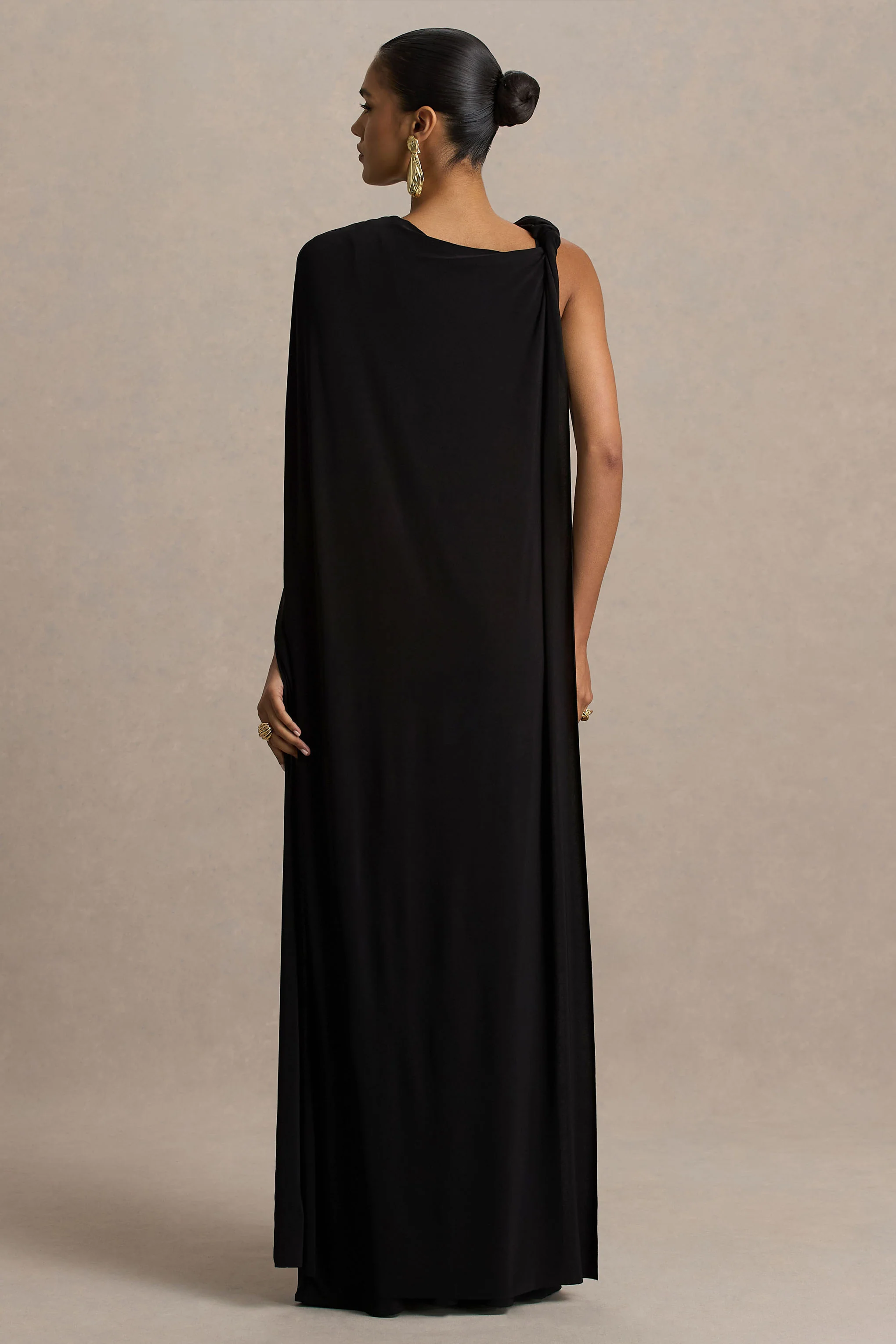 Cressida | Black Asymmetric-Neck Maxi Dress With Cape And Gold Detail