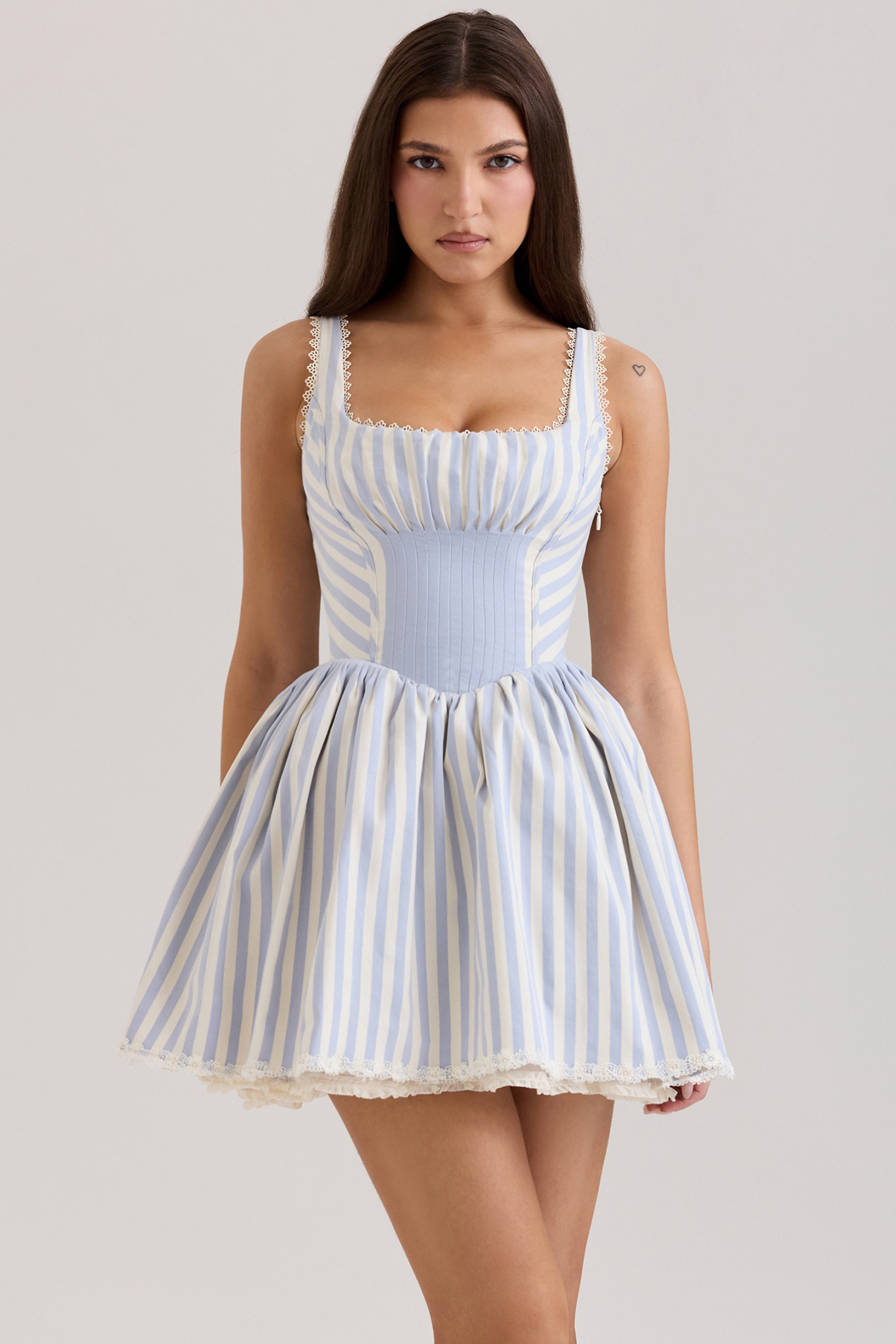 Blue Striped Pintucked Mini Dress