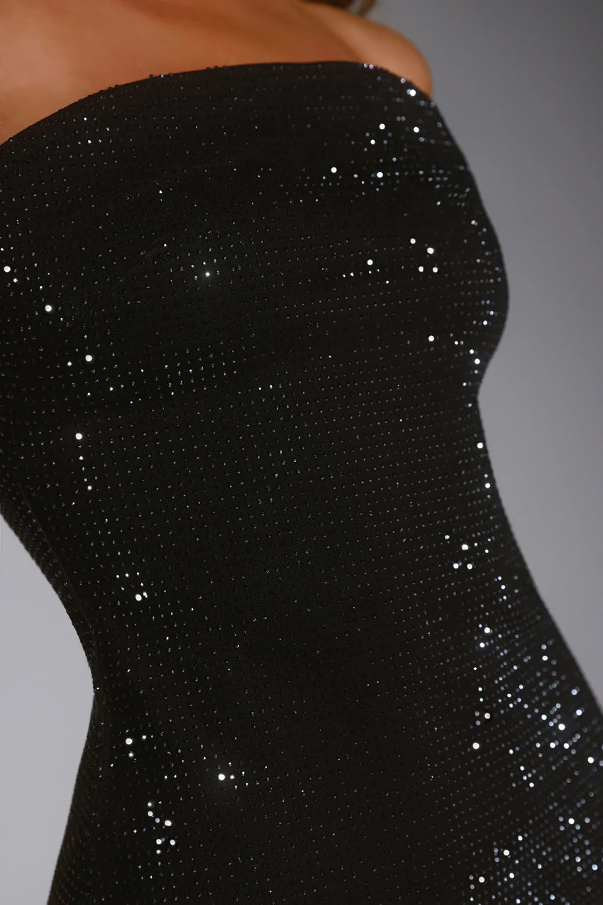 The Sparkle Edit Denim Diamante Strapless Mini Dress Black - luluinthesky