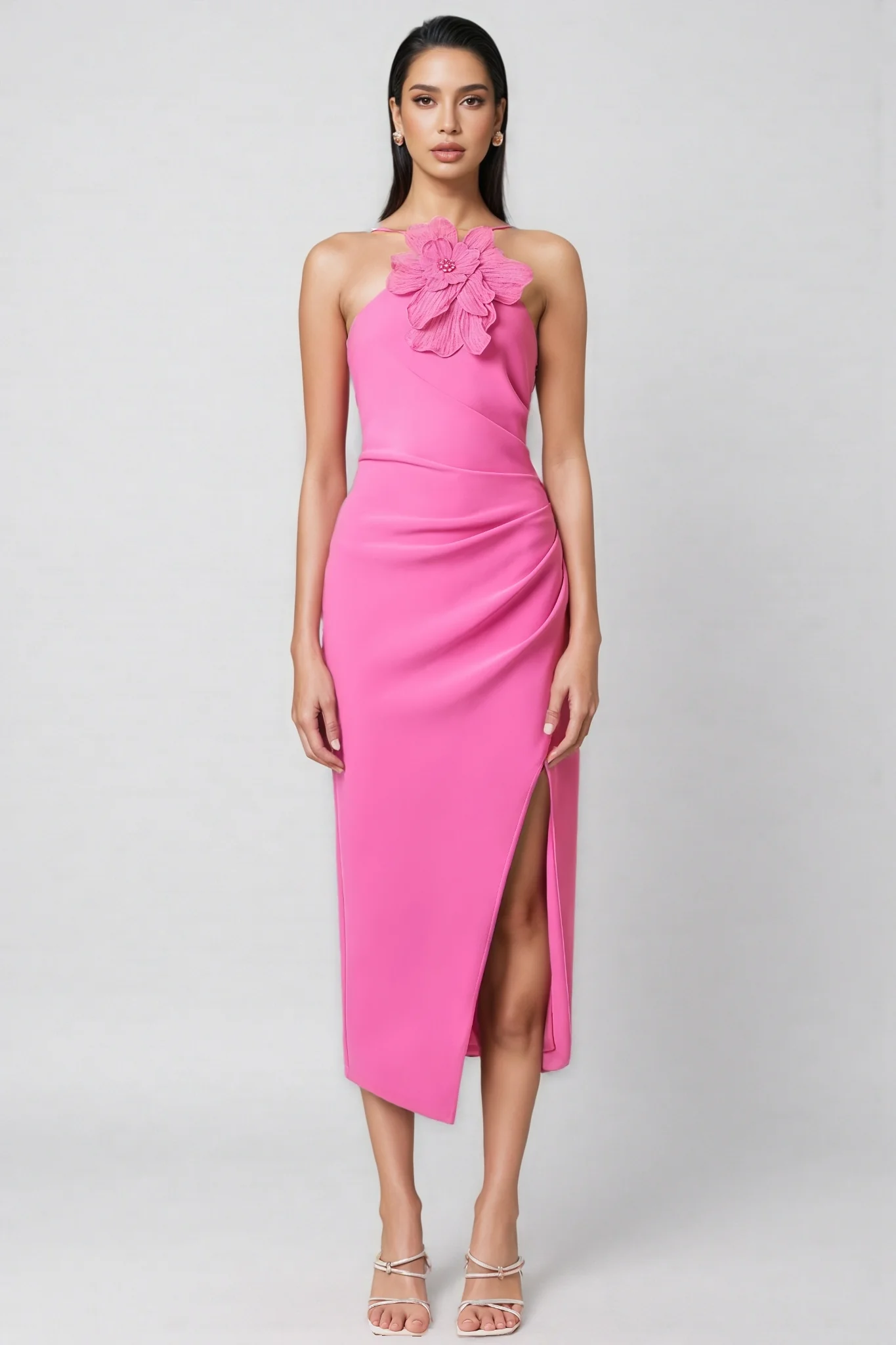 Lorrlk Pink 3D Floral Midi Dress