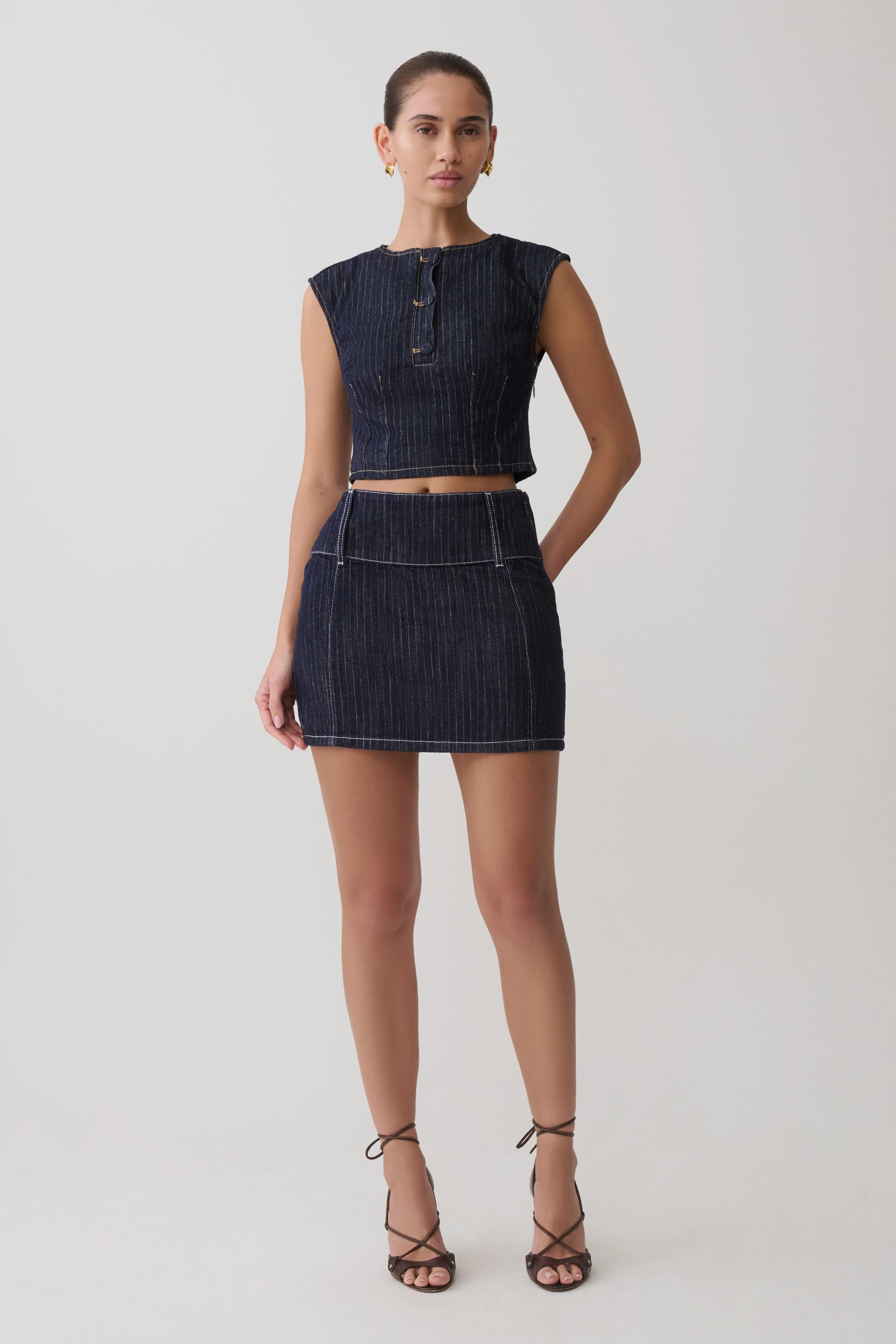 Loraine Mid Rise Denim Mini Skirt - Indigo Pinstripe