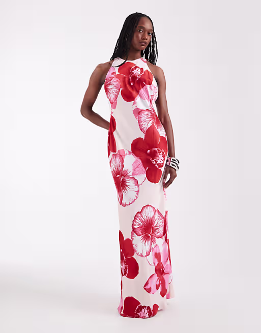 Vero Moda Tall sleeveless open back satin midi dress with overblown floral print in light pink