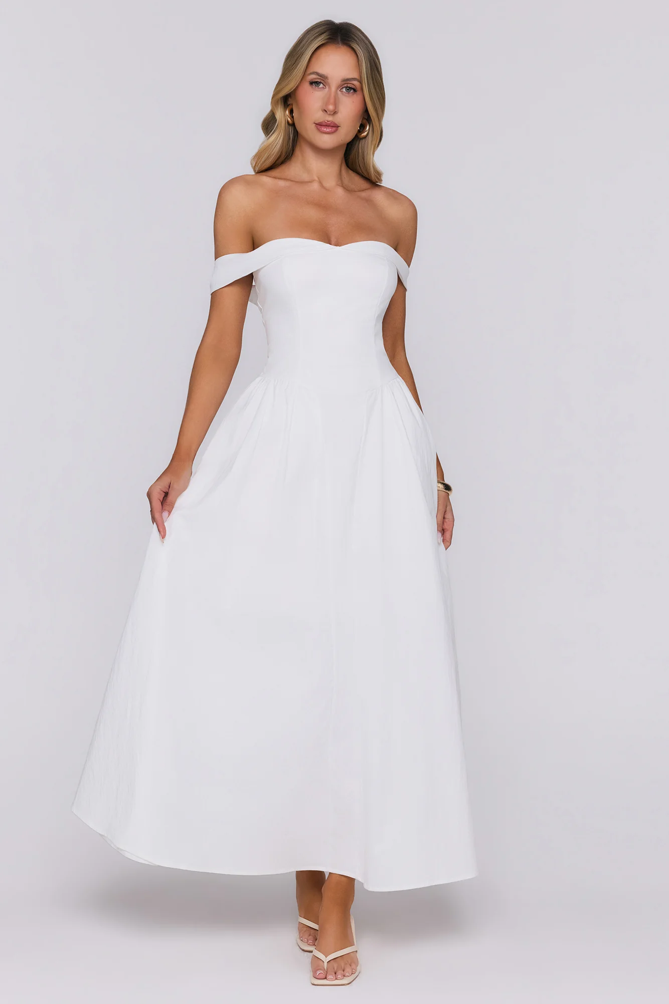 Polished Darling Off Shoulder Maxi Dress White