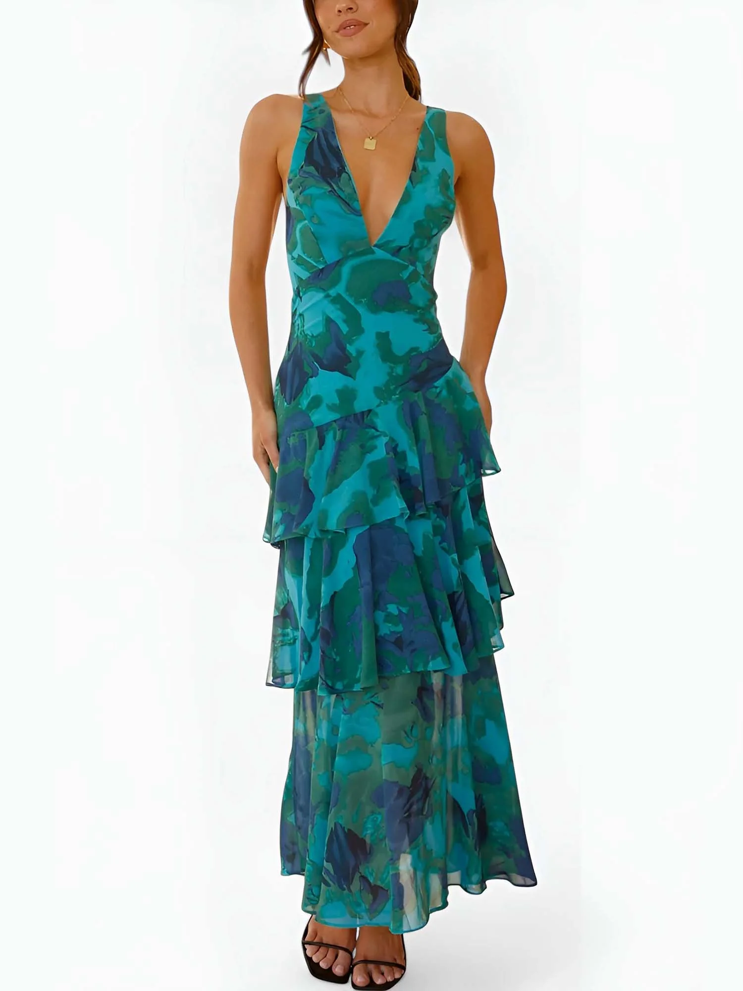 Green Ruffled Tiered Maxi Dress