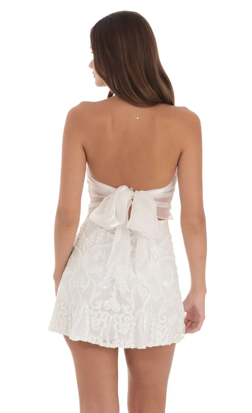 Sequin Mesh Strapless Dress in White