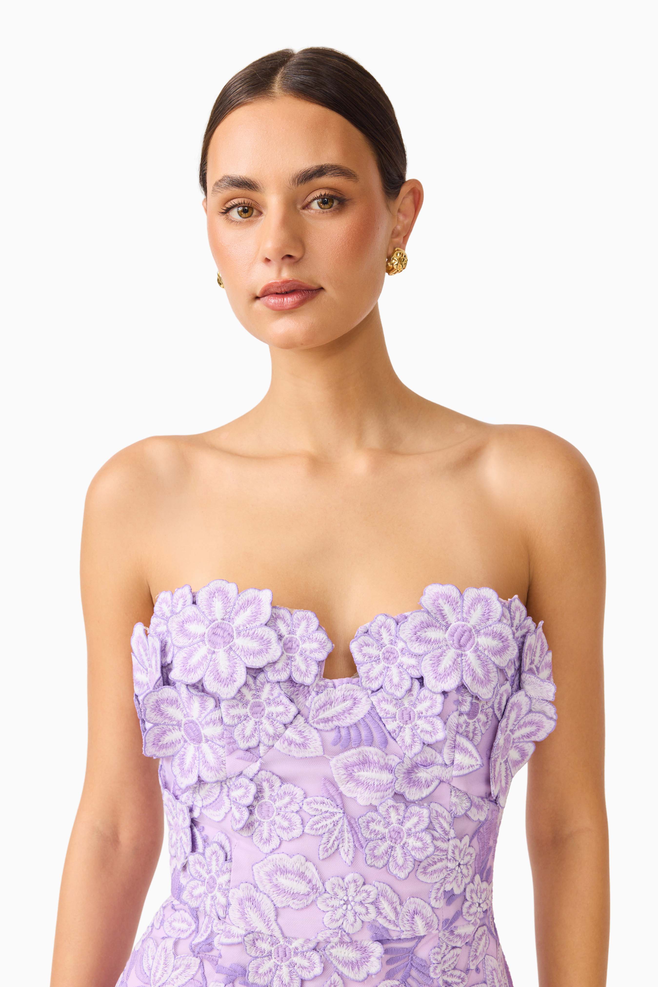 Roseate Strapless Midi Dress in Purple