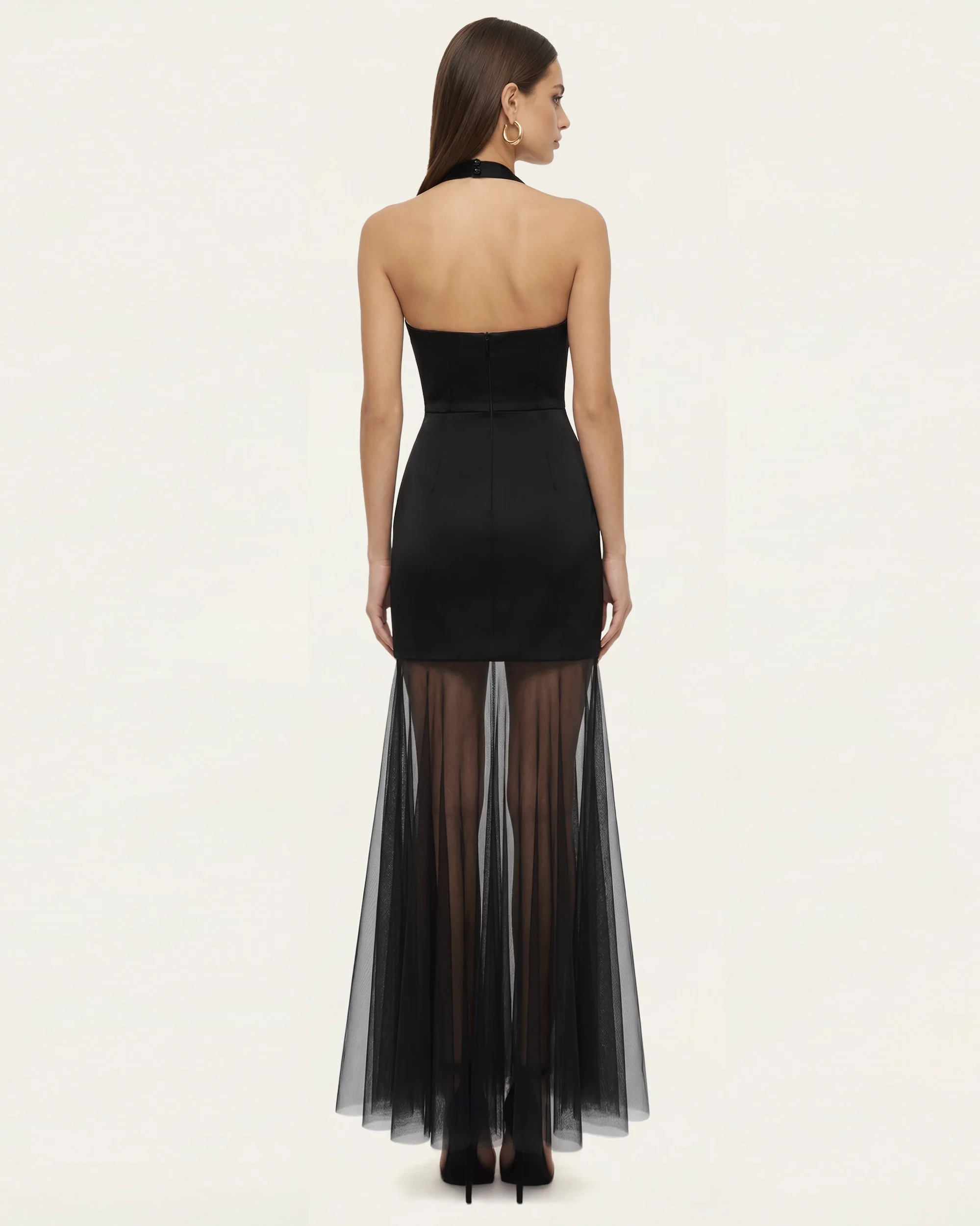 Orchid Embroidered Sheer Hem Halter Maxi Dress-  Black Purple - FASHION NOB