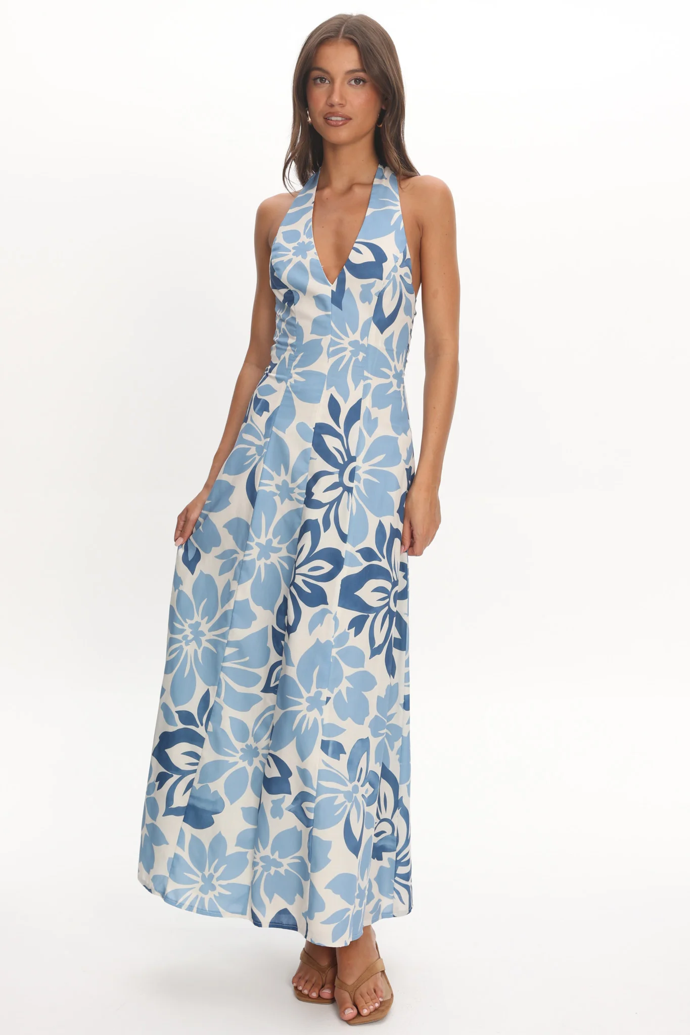 Exhilaration Halterneck Maxi Dress Floral Blue