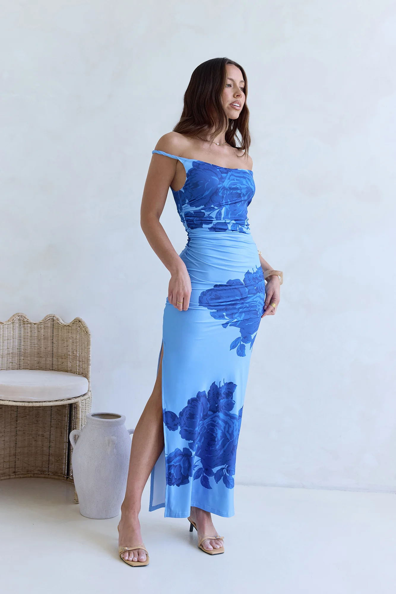 The Darling Edit Off Shoulder Maxi Dress Blue