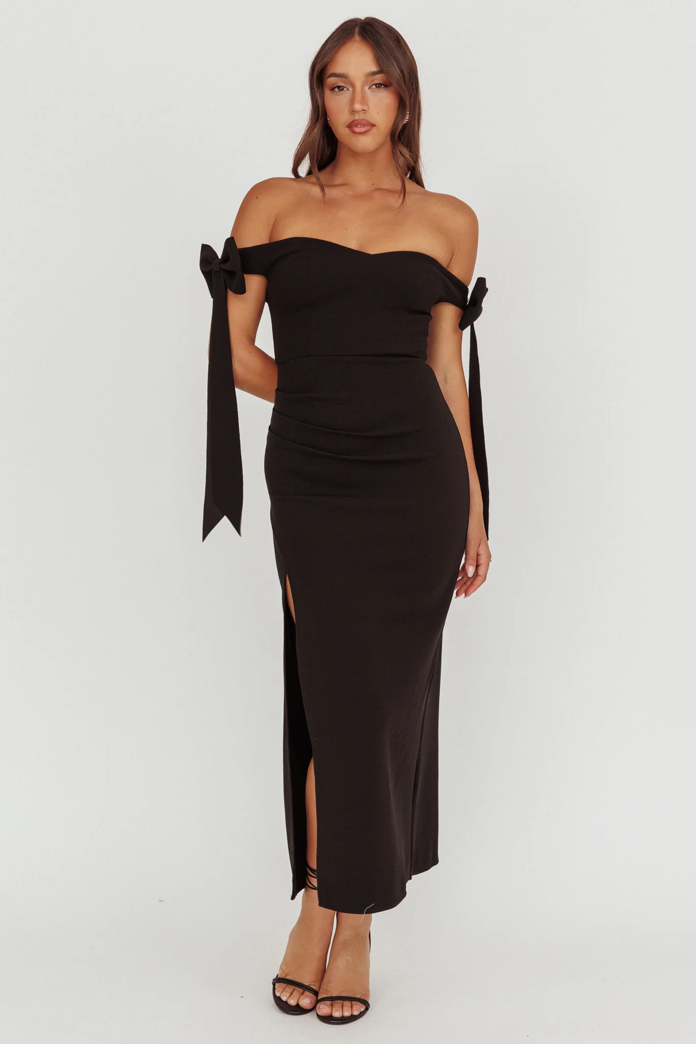 Have Faith Off-Shoulder Bow Sleeve Maxi Dress Black - luluinthesky