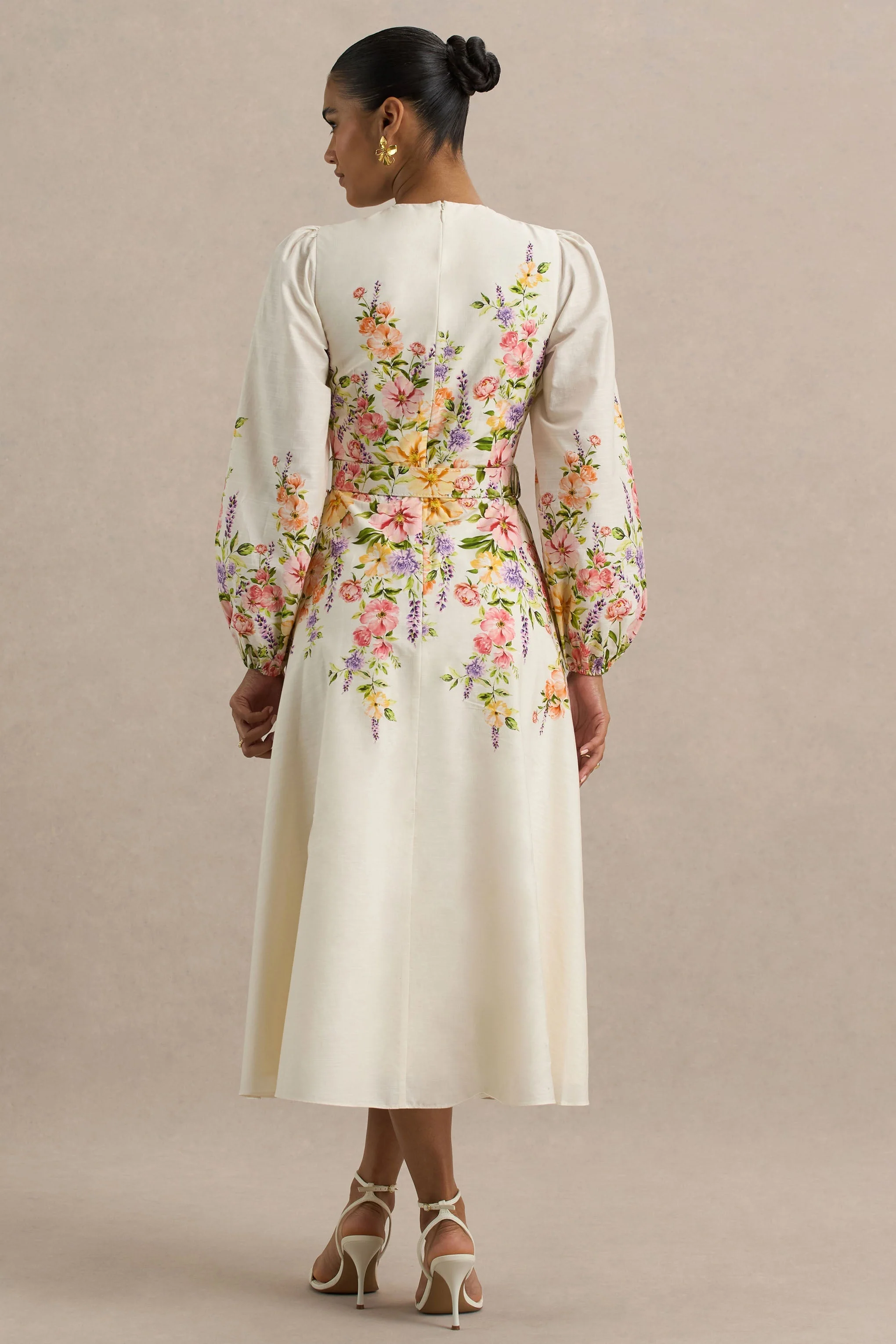 Dahlia | White Floral Border Print High-Neck Midi Dress