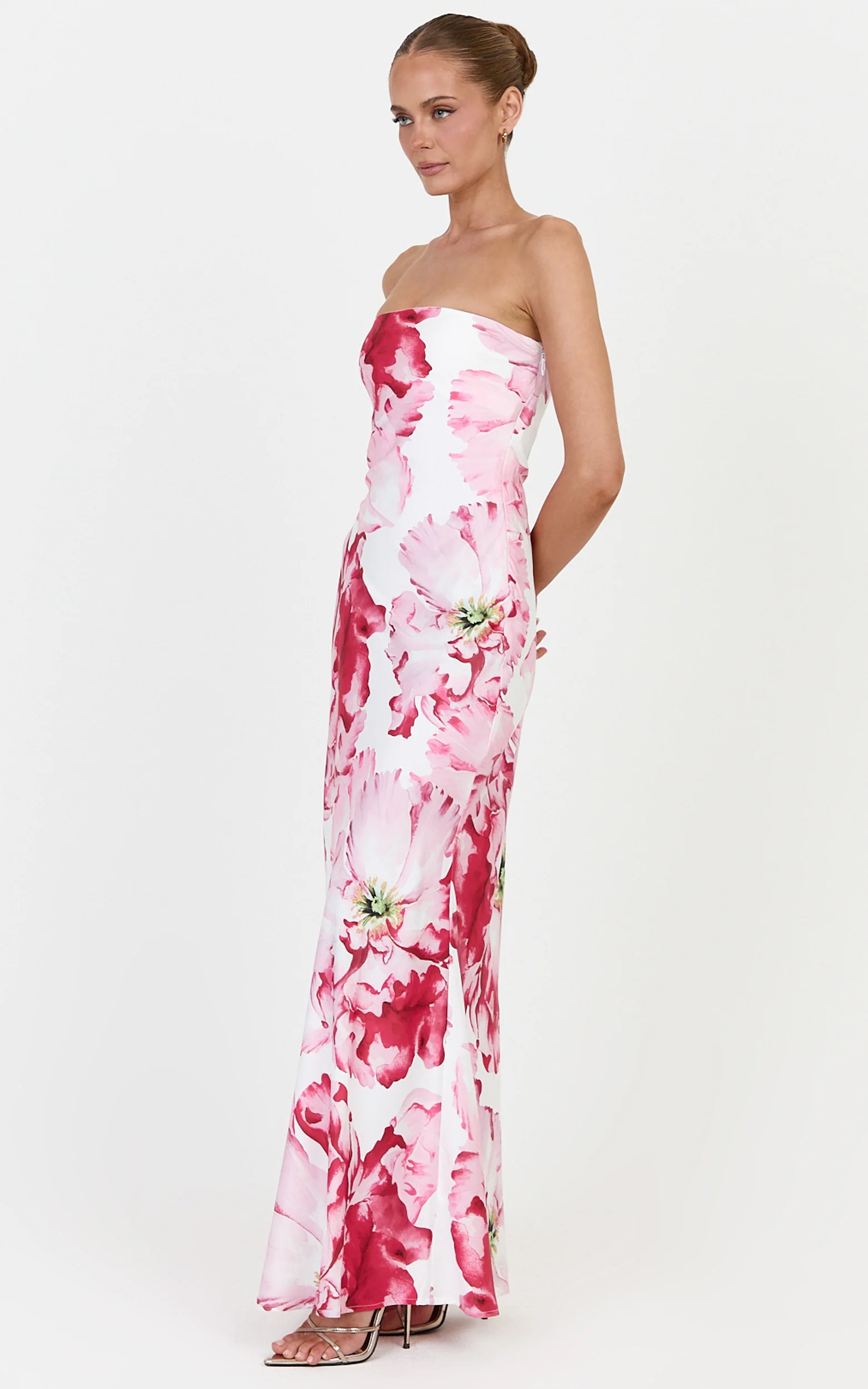 Alessia Maxi Dress - Strapless Fitted Dress in Poppy On White Print