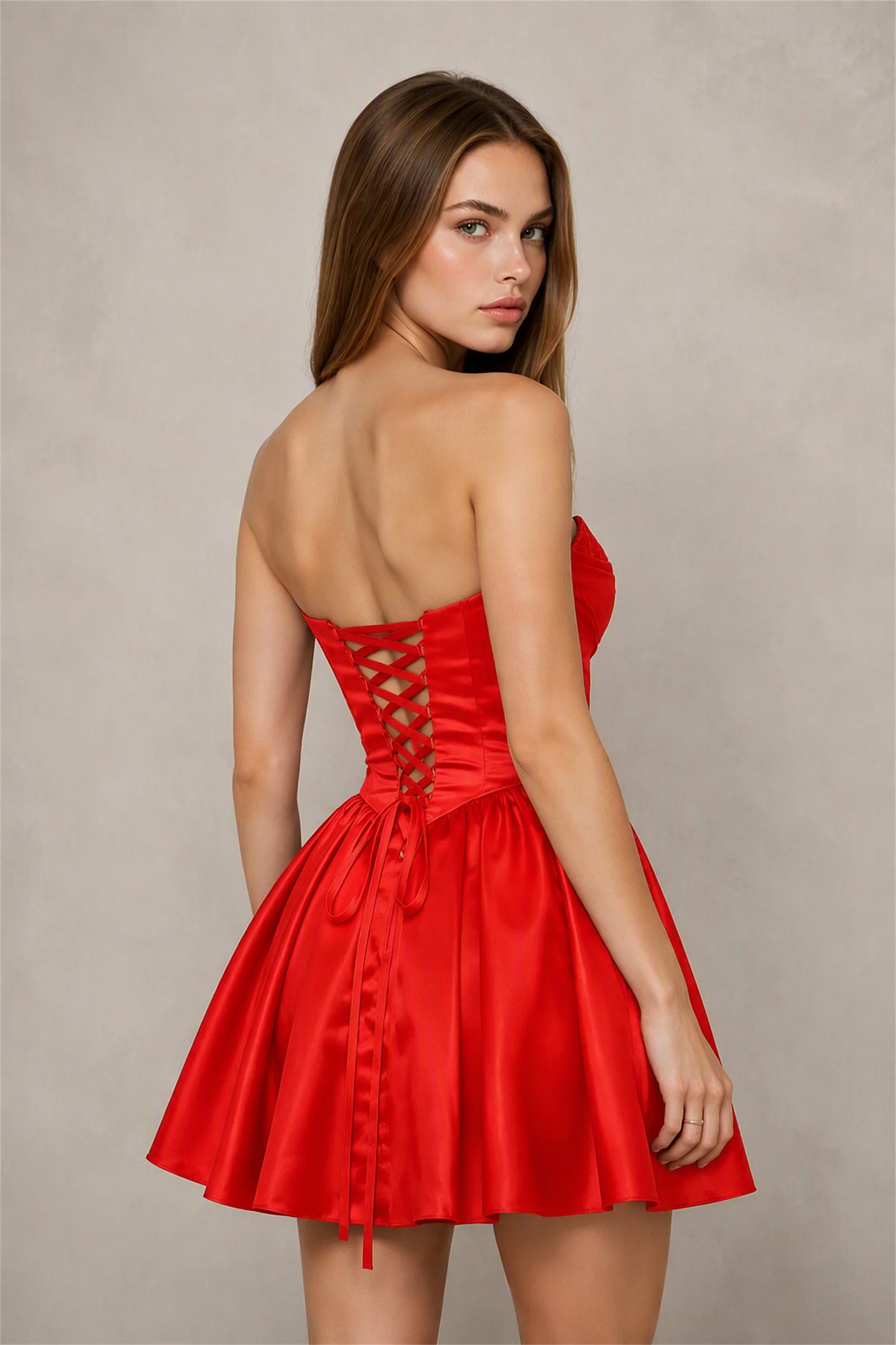 BOLODOO Red Satin Sequin Sweetheart Strapless Corset Lace-Up Back A-Line Mini Dress | Prom Cocktail Homecoming Dress