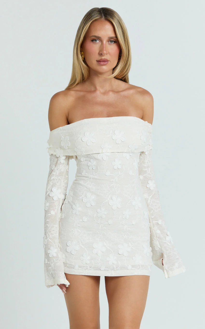 Raymond Mini Dress - Off Shoulder Long Sleeve Fitted Dress in Ivory