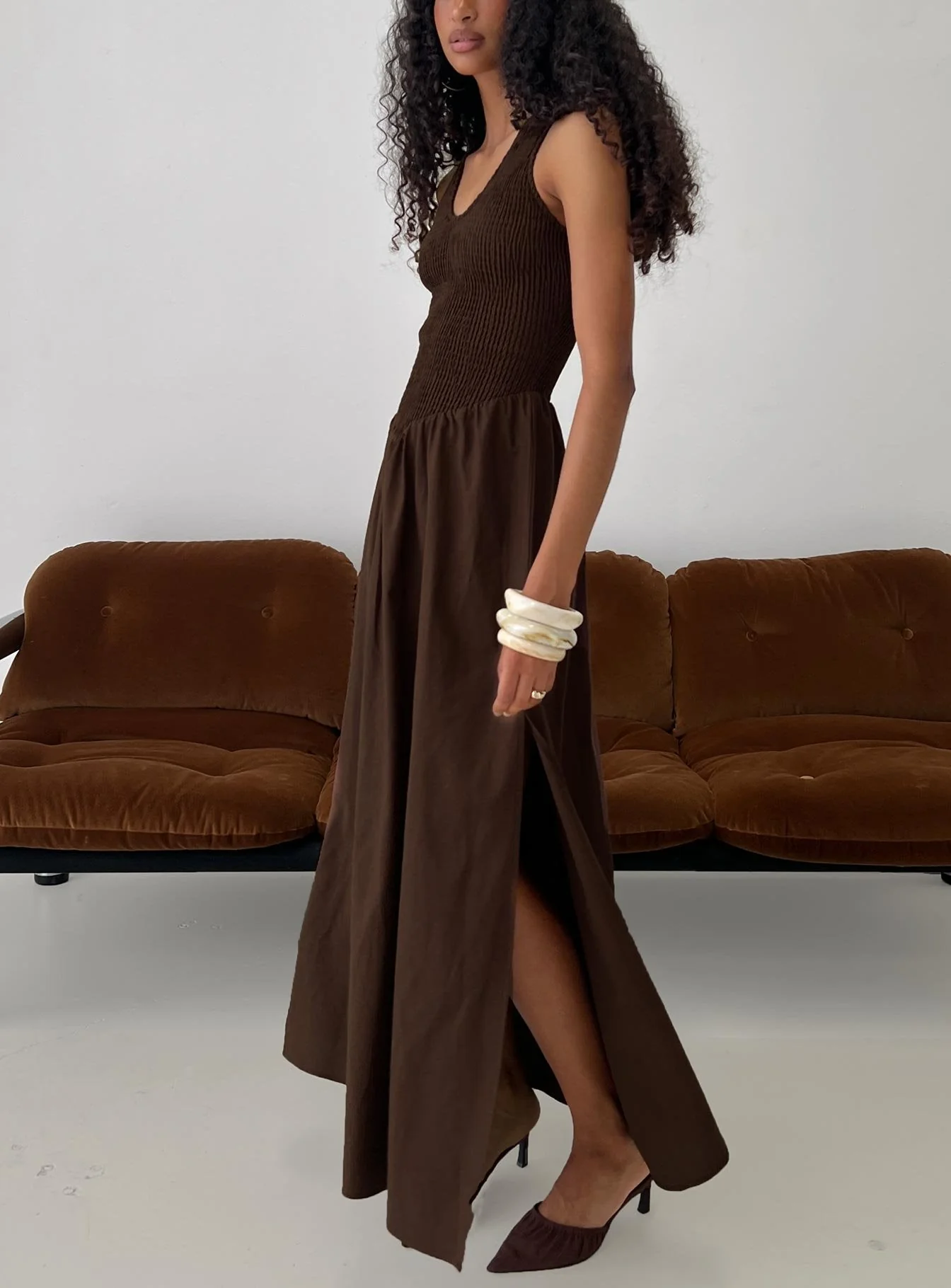 Highgate Drop Waist Pleat Detail Maxi Dress Chocolate