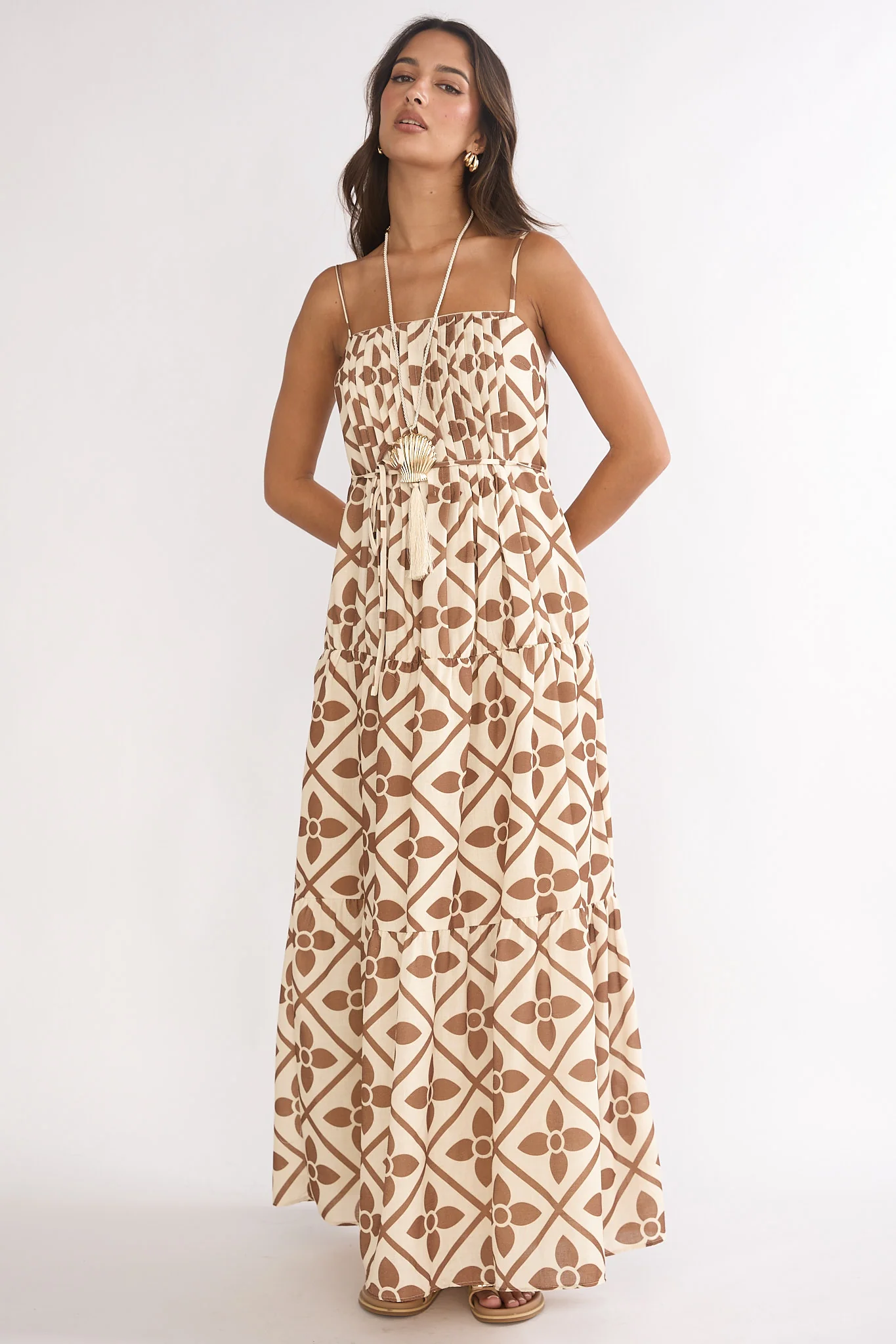 Lysette Pintuck Pleat Maxi Dress Brown Multi