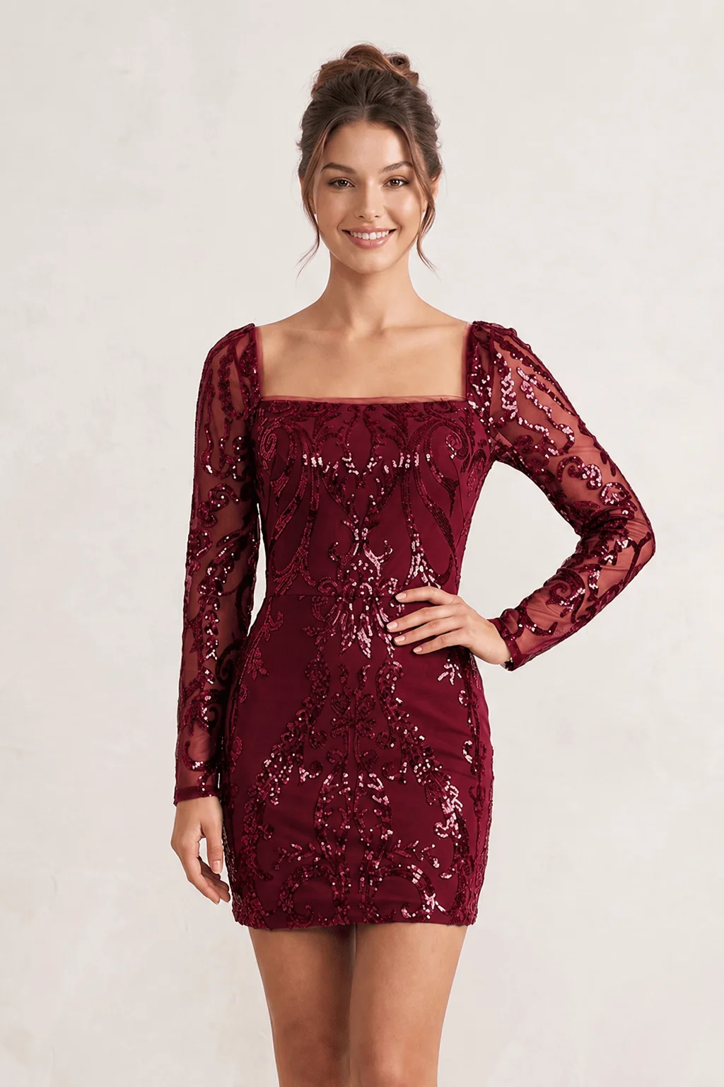 Royal Blue - Square Neck Sheath Long Sleeves Sequins Mini Homecoming Dresses