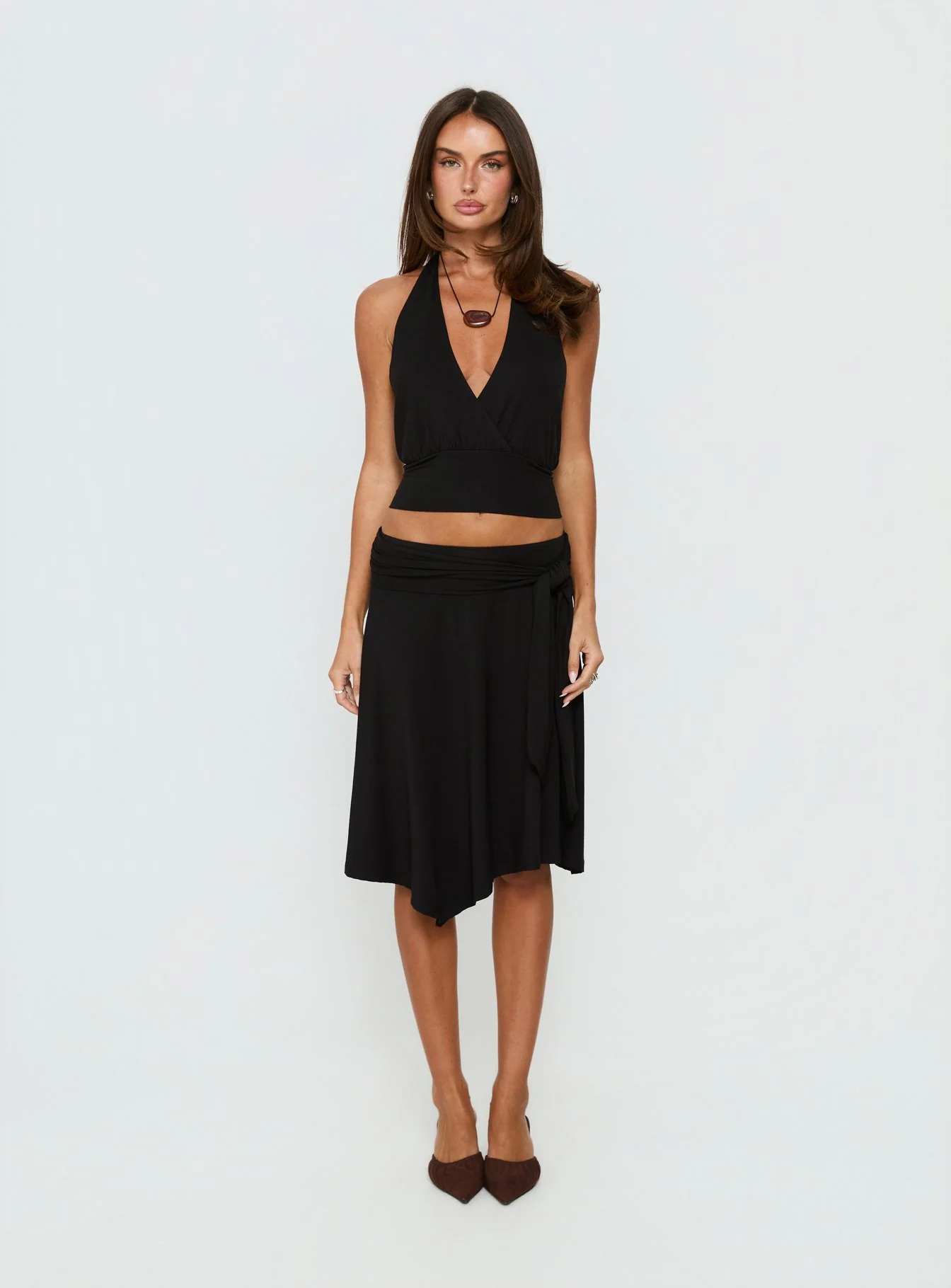 Soft Focus Tie Waist Midi Skirt Black