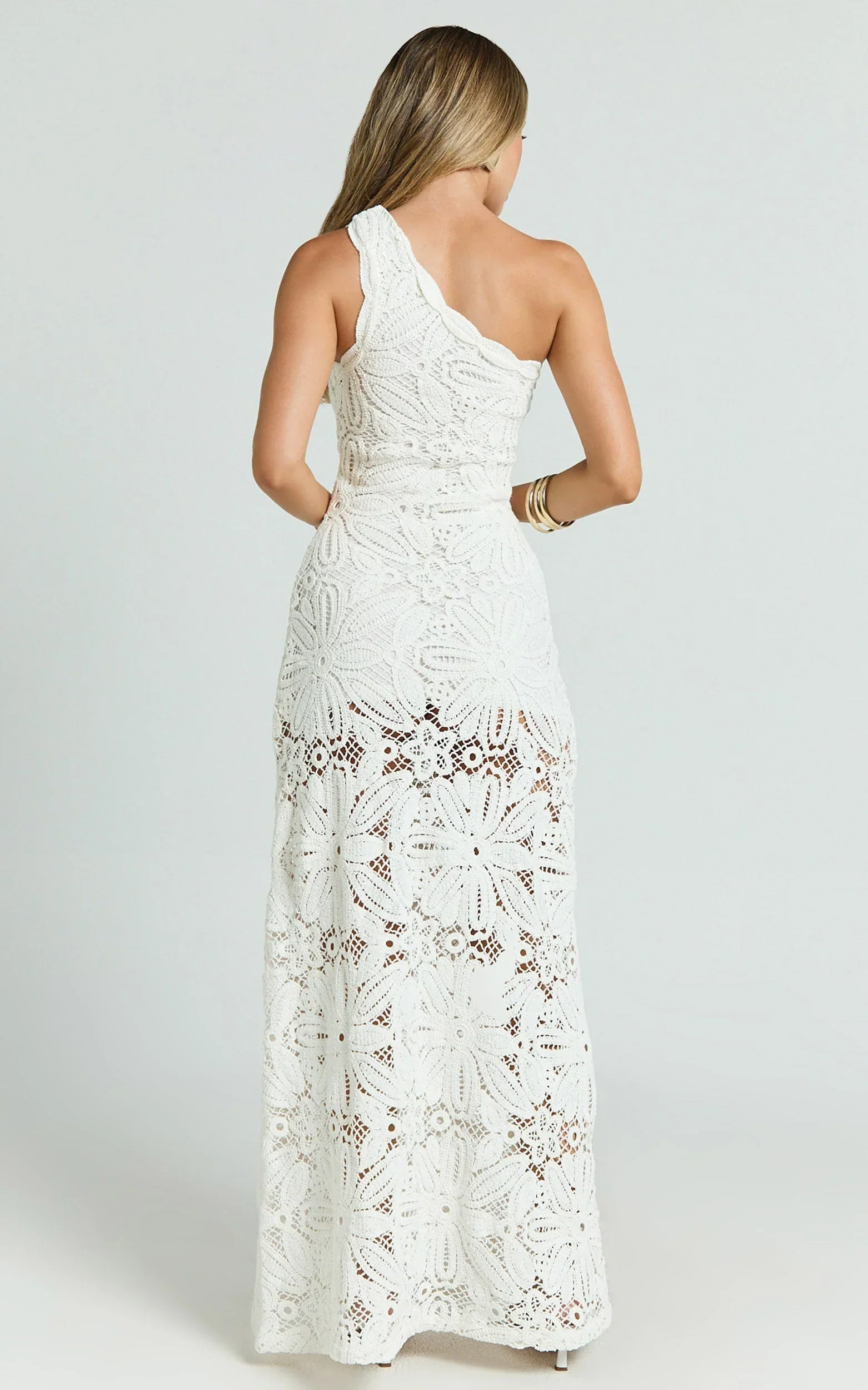 Charlene Maxi Dress - Crochet Knitted One Shoulder Maxi Dress in White - luluinthesky