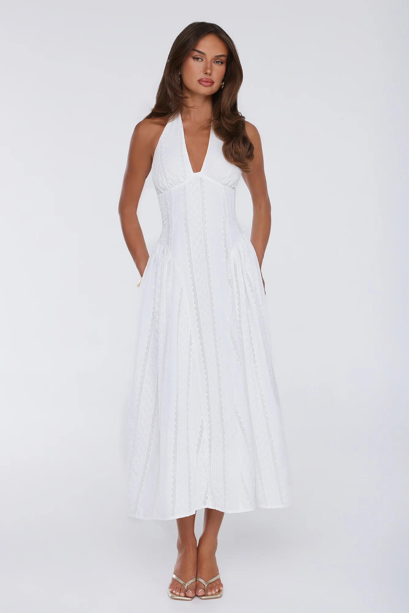 Petal Whimsy Embroidered Halter Maxi Dress White - luluinthesky