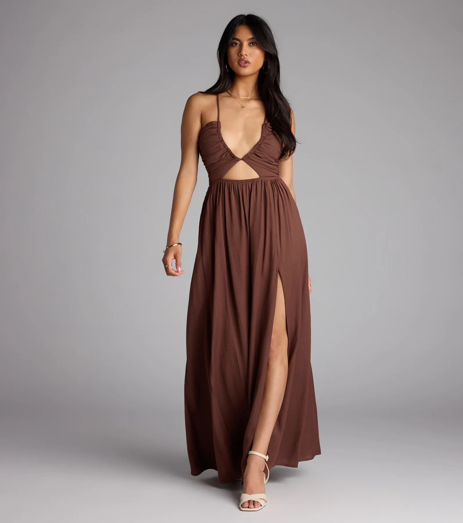 Eyes On You Lace-Up Slit Maxi Dress