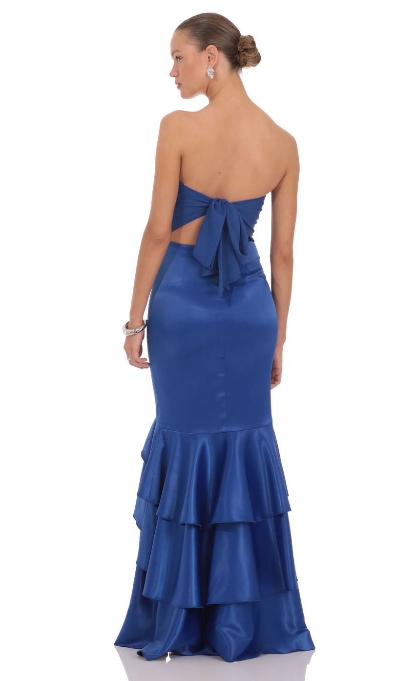 Strapless Ruffle Satin Maxi Dress in Cobalt Blue
