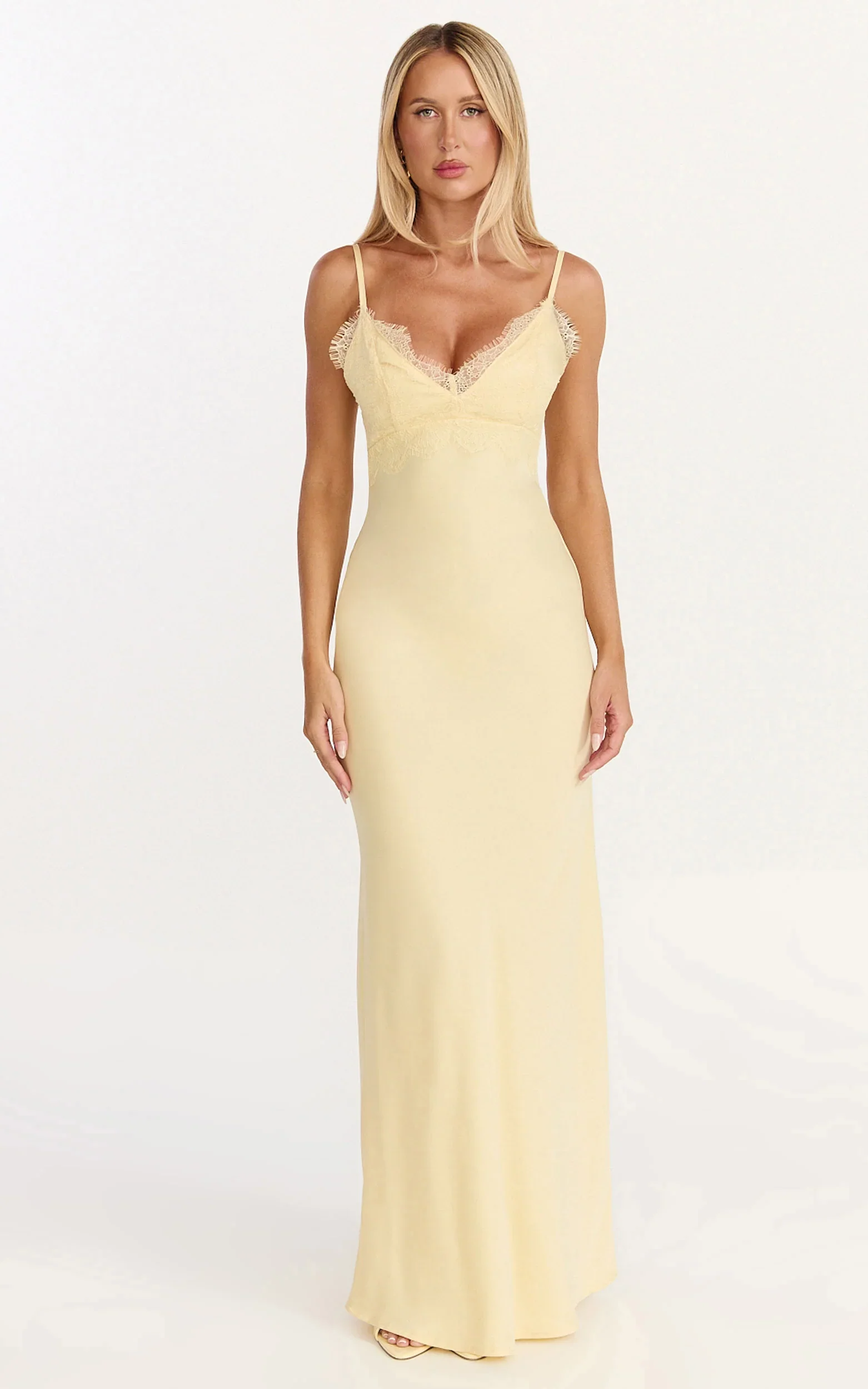 Kyra Maxi Dress - Lace Bust And Tie Back Satin Dress in Lemon