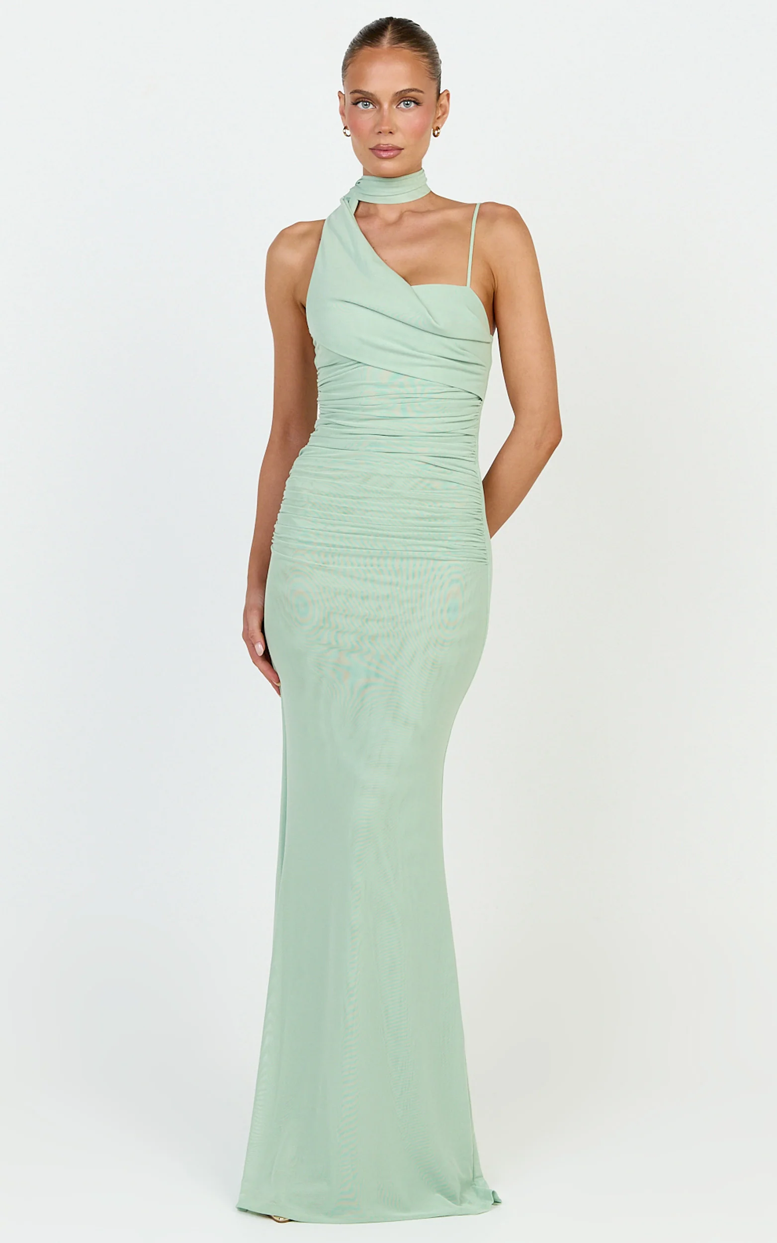 Larson Maxi Dress - Asymmetric Tie Neck Column Dress in Sage