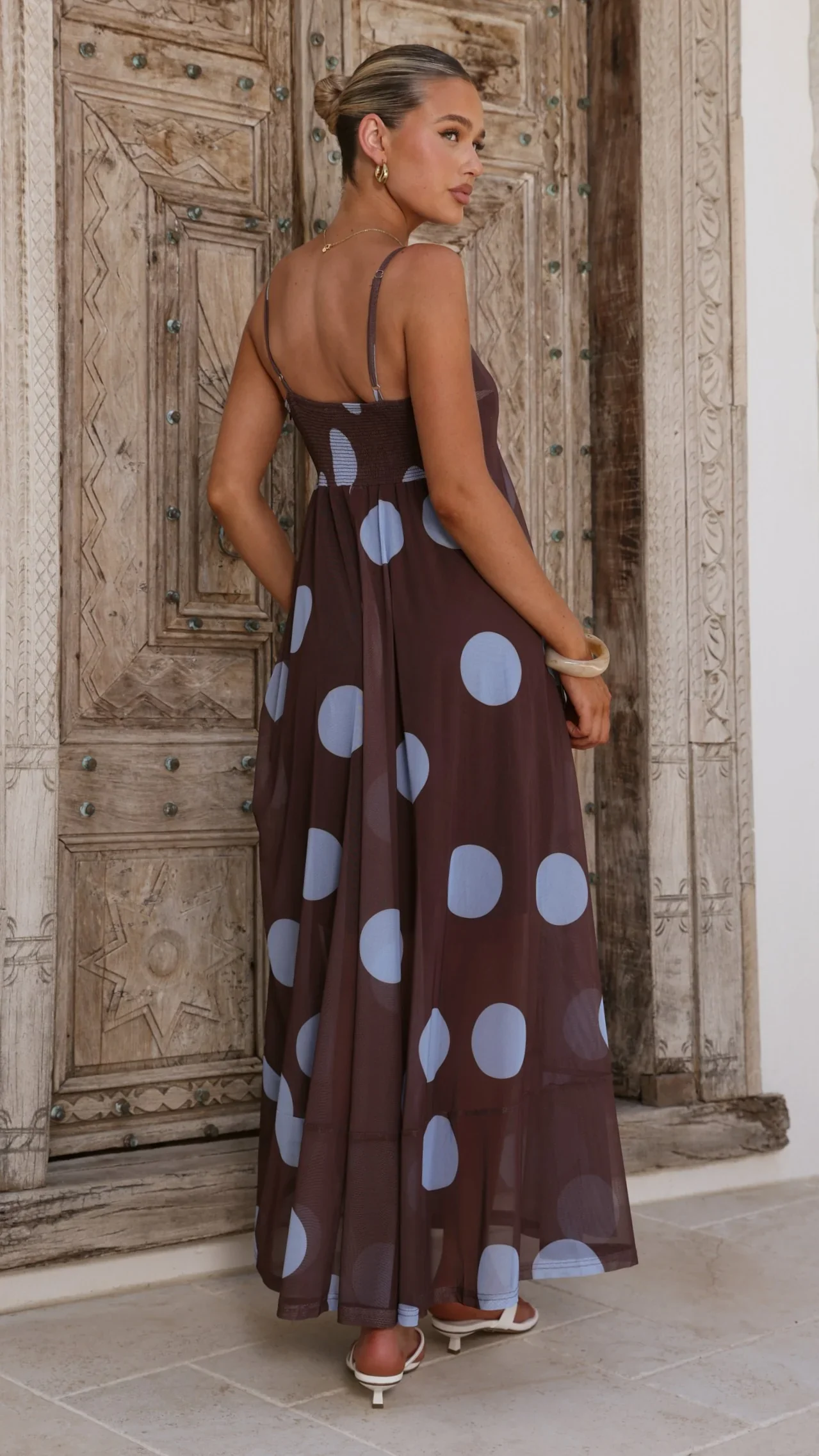 Melinda Mesh Maxi Dress - Brown / Blue Polka Dot