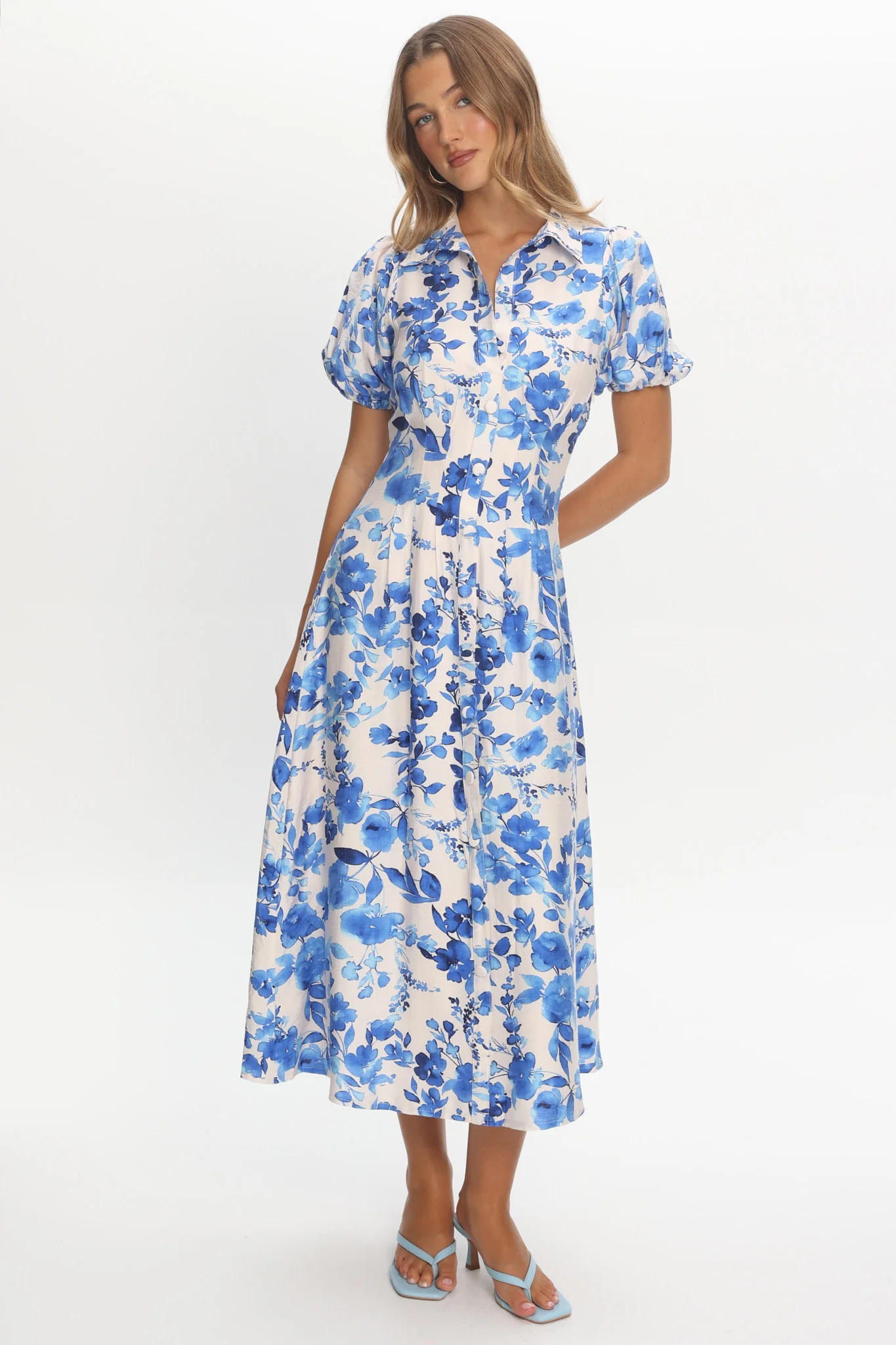 Kyrah Puff Sleeve Midi Dress Floral White - luluinthesky