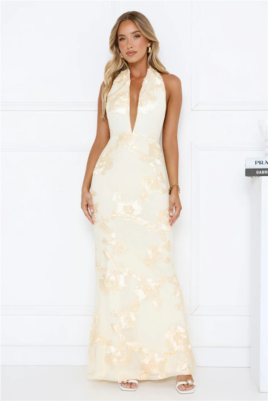 Daydream Kiss Halter Mesh Maxi Dress Yellow