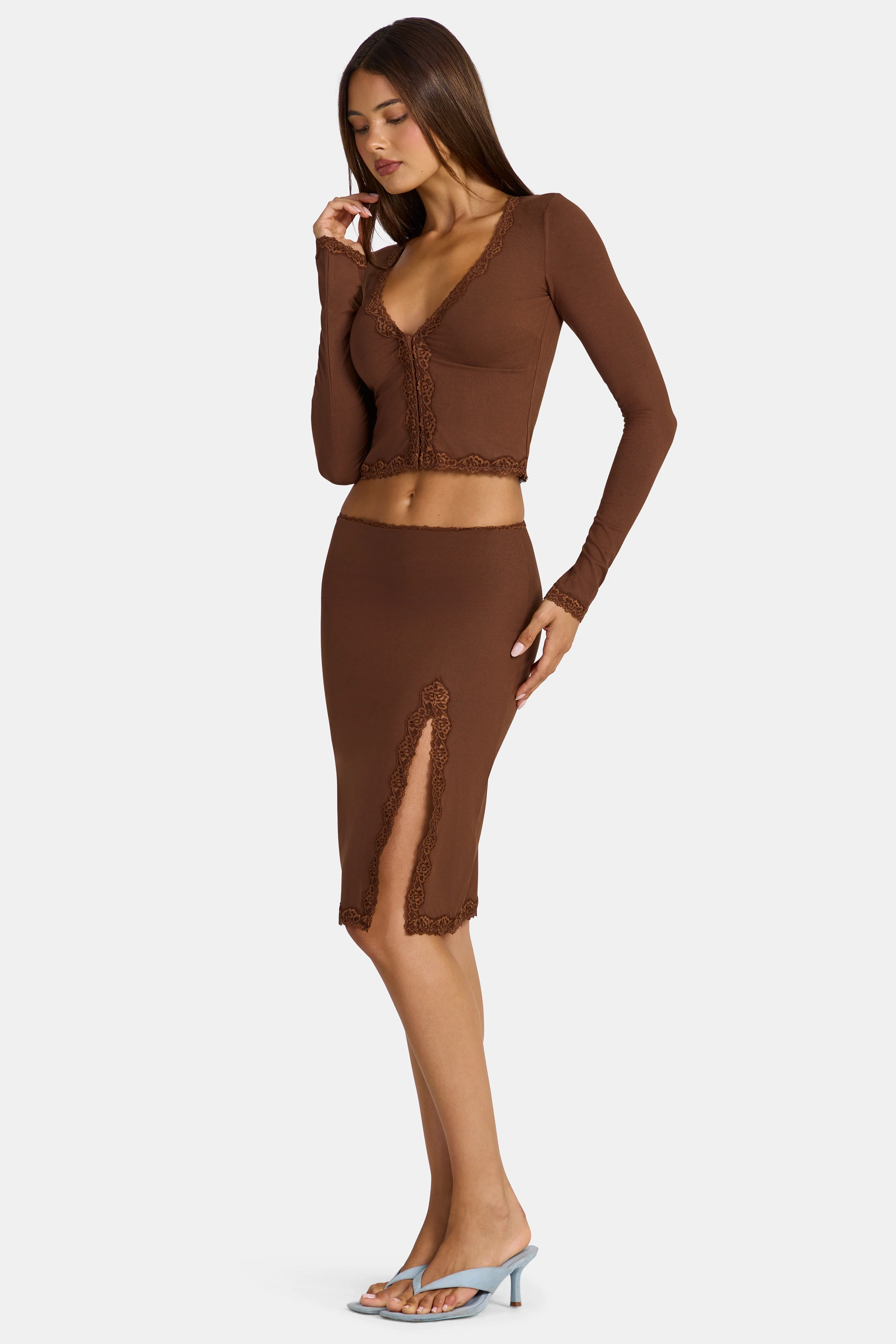 Modal Lace-Trim Low-Rise Midi Skirt in Cocoa Brown