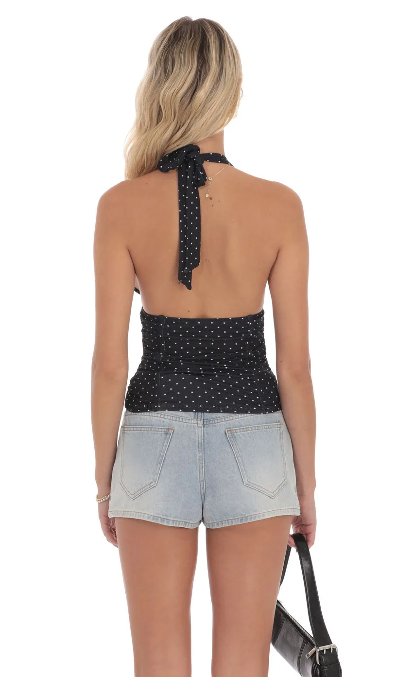 Polka Dot Ruched Halter Top in Black