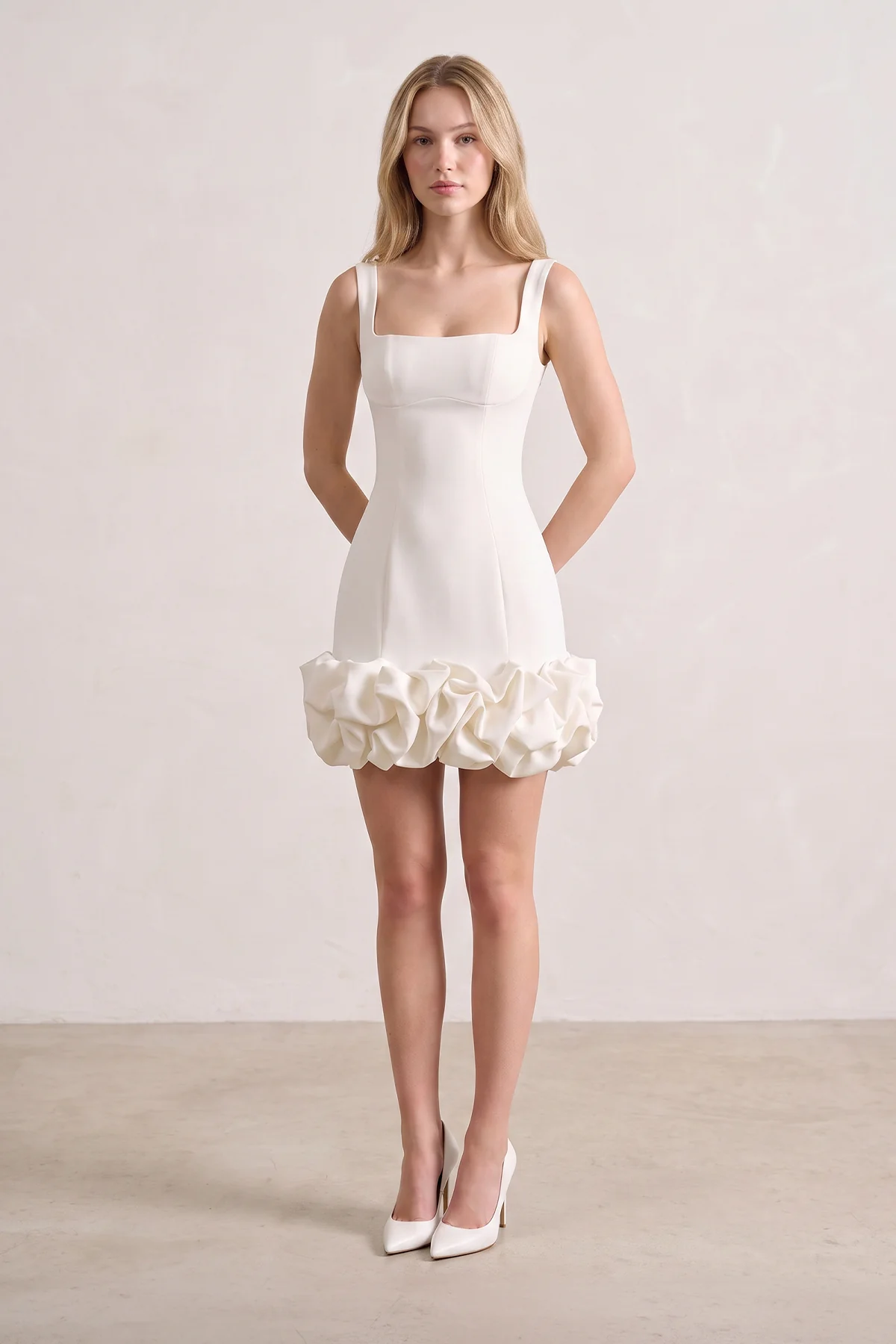 Ruched Ivory Spandex Mini Dress With Ruffles
