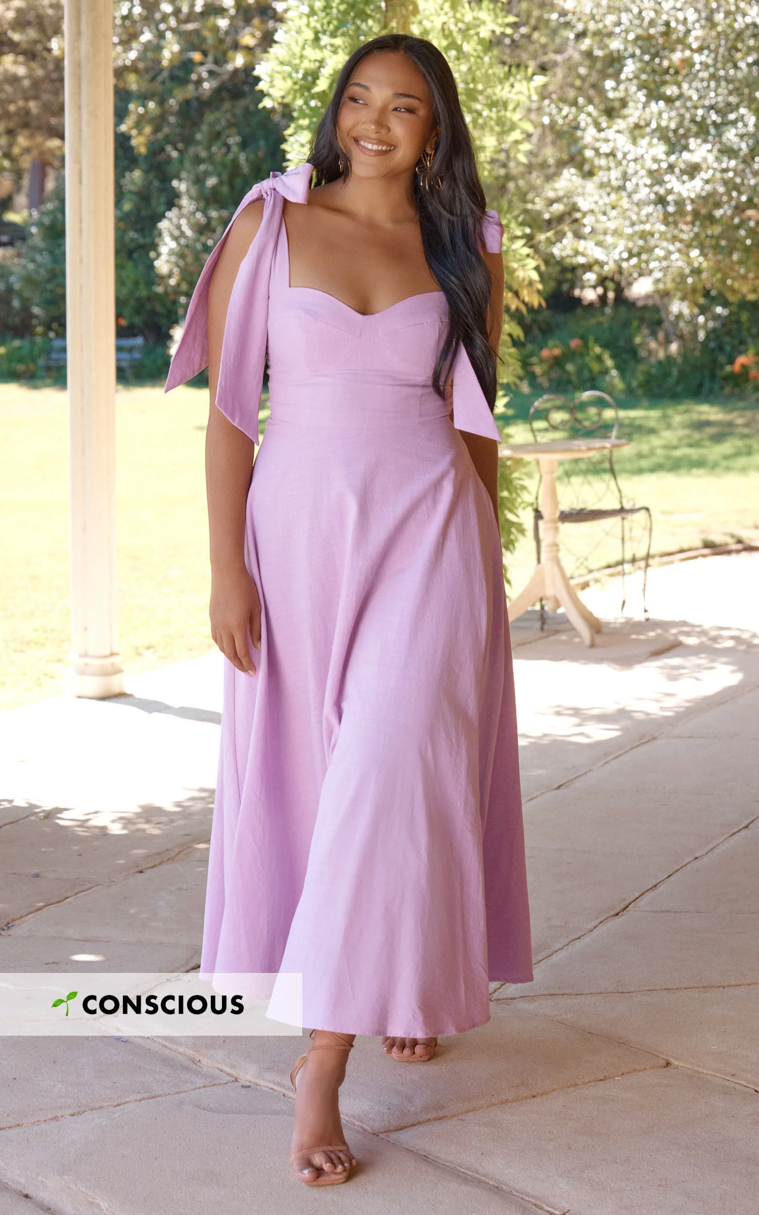 Tymia Midi Dress - Shoulder Tie Bustier Shirred Back A Line in Lavender