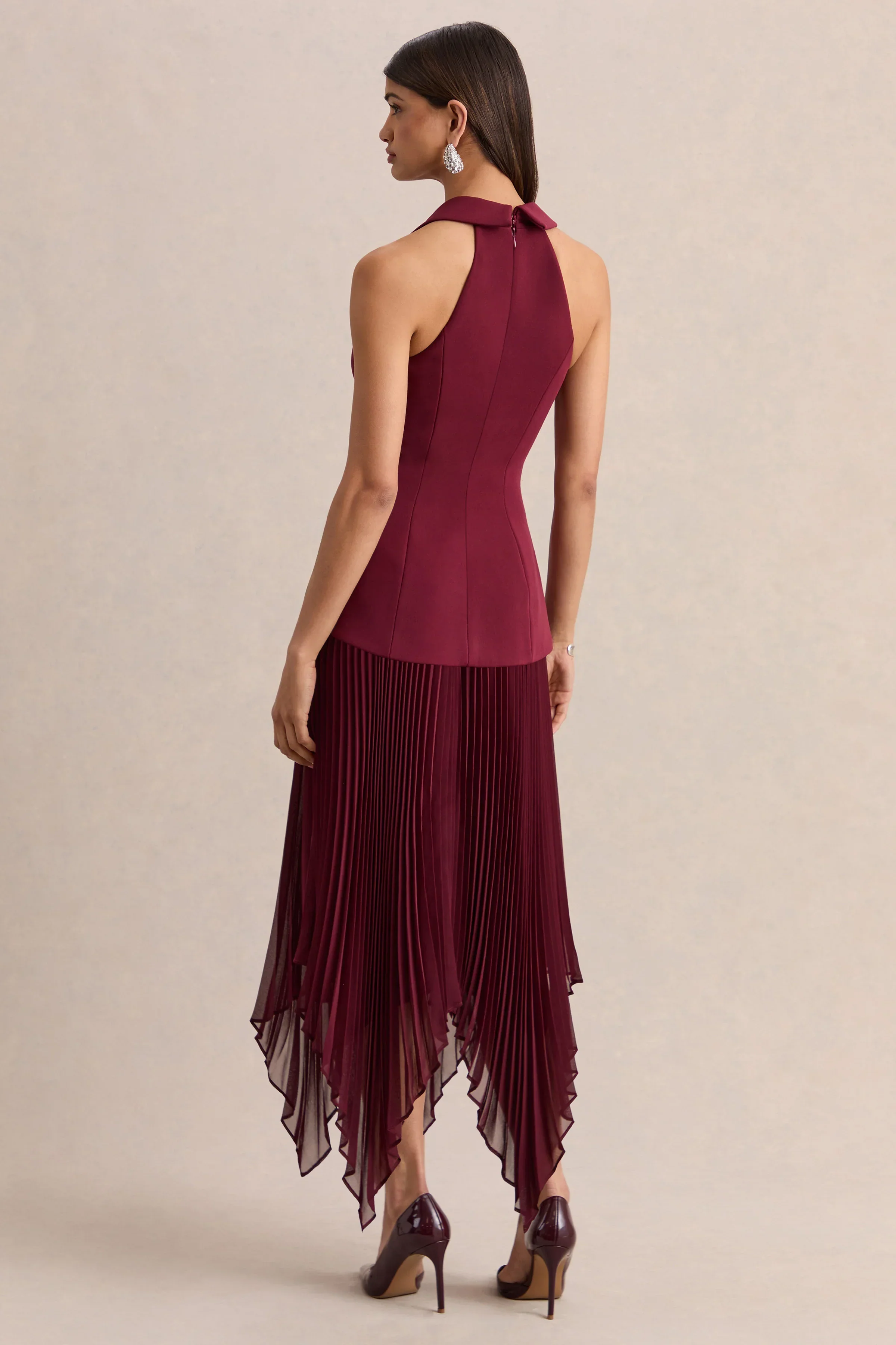 Marvelle | Burgundy Plunge-Neck Maxi Dress With Hanky Hem