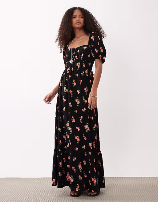 Miss Selfridge seersucker puff sleeve milkmaid maxi dress in dark floral print
