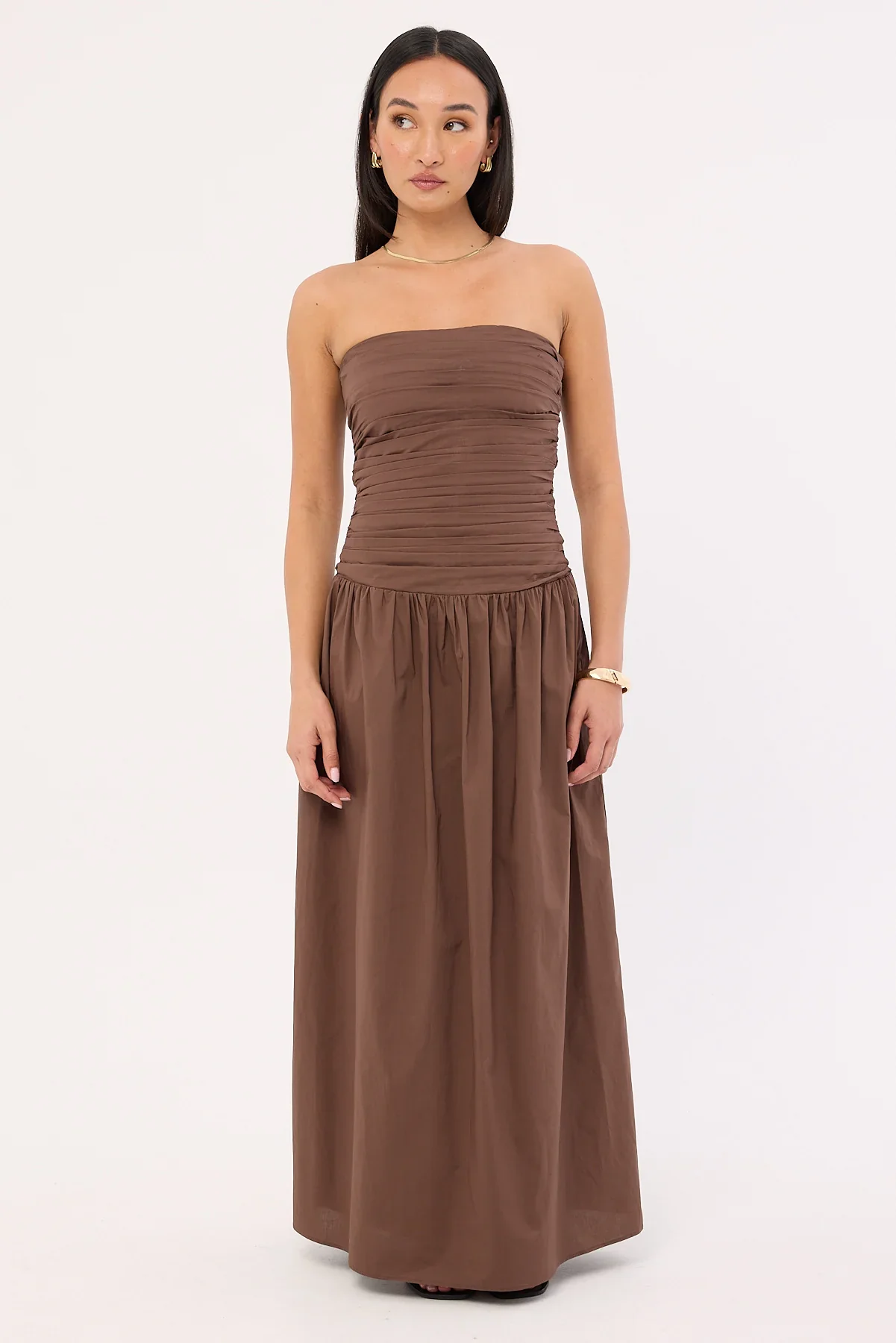 Luck & Trouble Strapless Drop Waist Midi Dress Brown