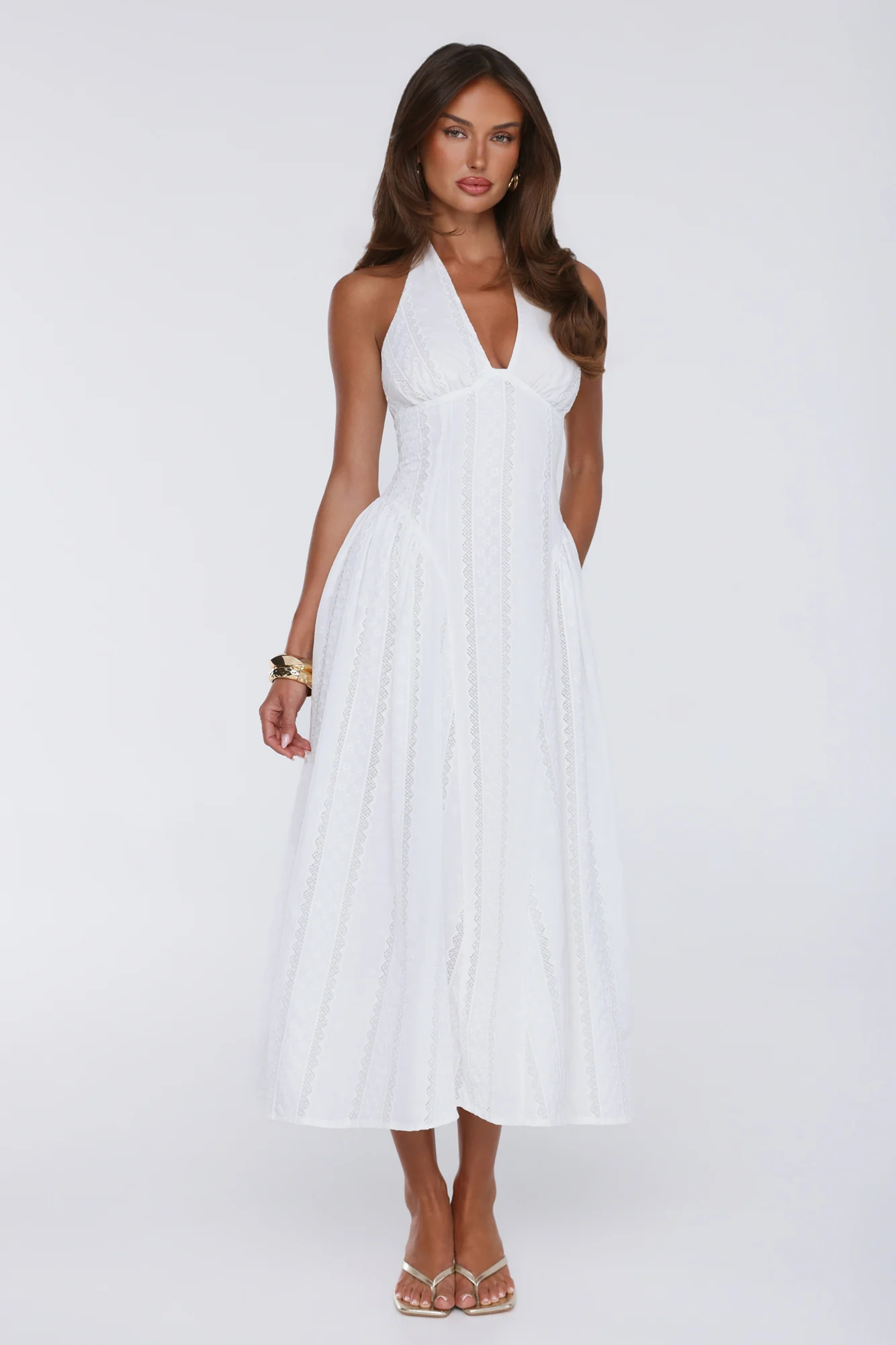Petal Whimsy Embroidered Halter Maxi Dress White
