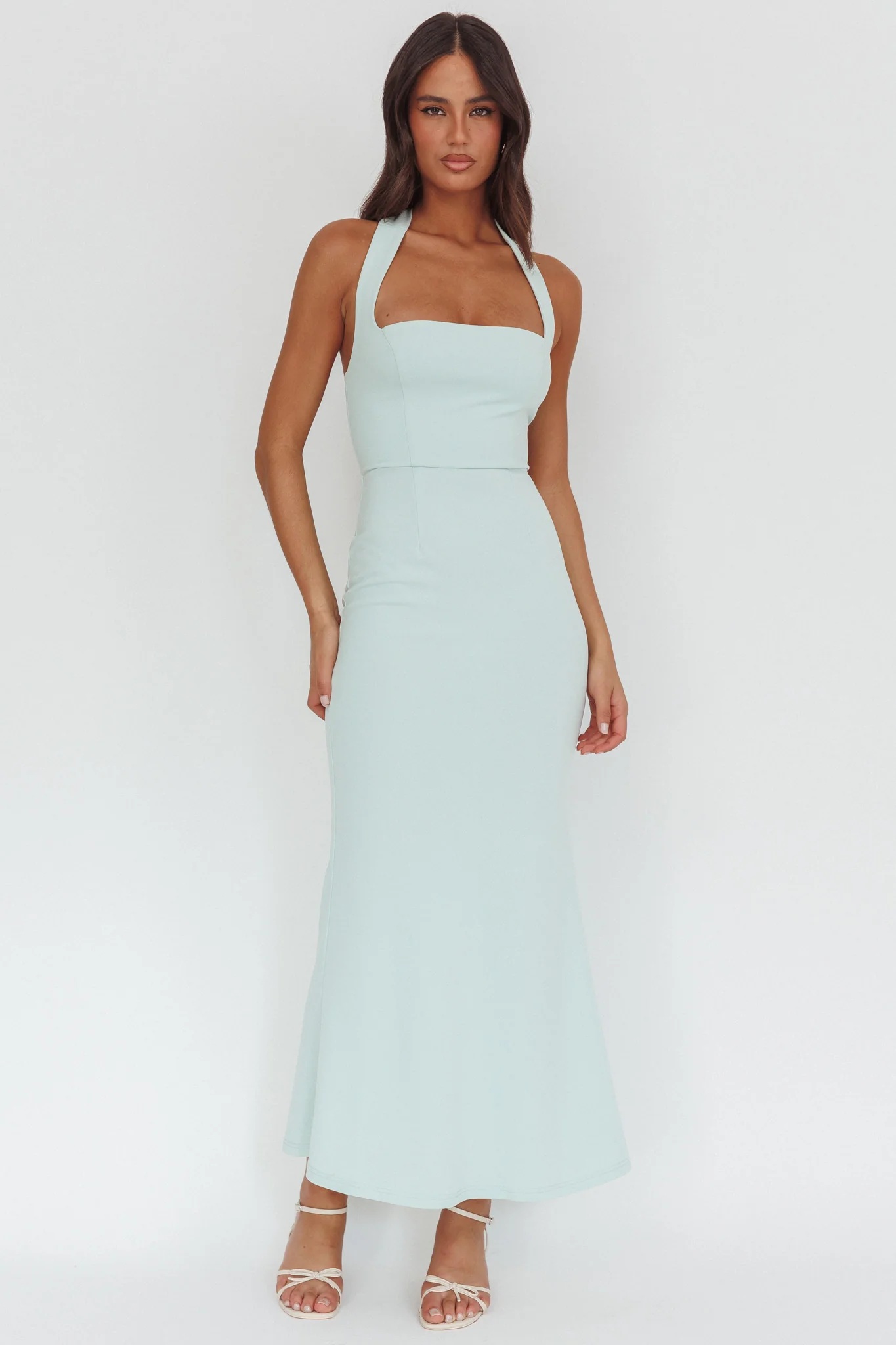 Shellie Square Neckline Halter Maxi Dress Ice Blue - luluinthesky