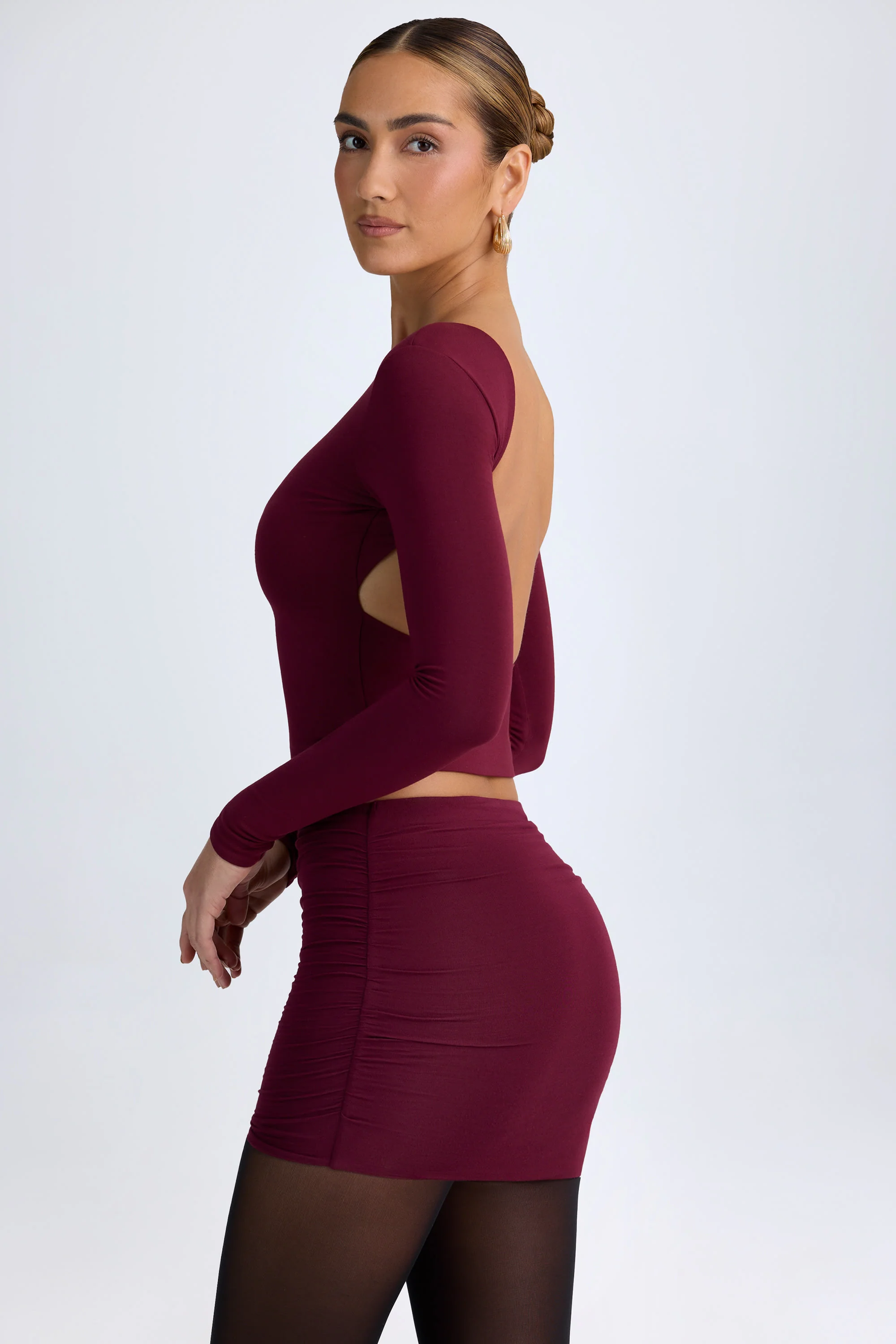 Modal High Neck Long Sleeve Open Back Top in Wine Red