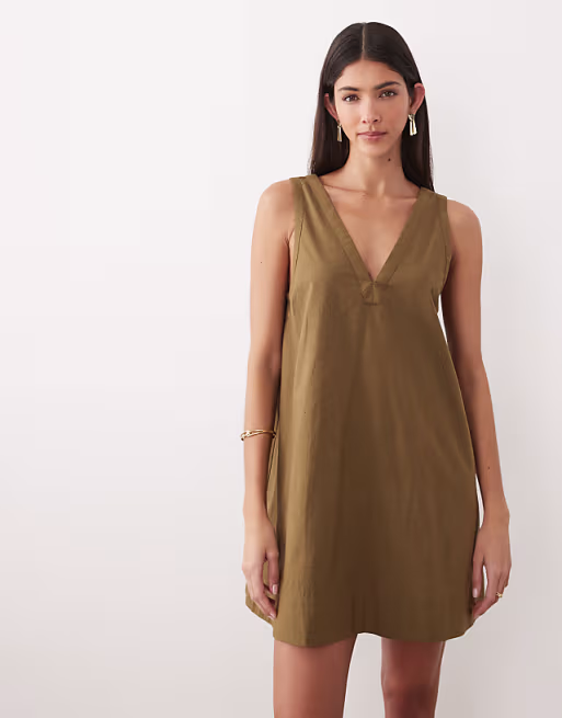 cotton linen v neck smock mini dress in moss green