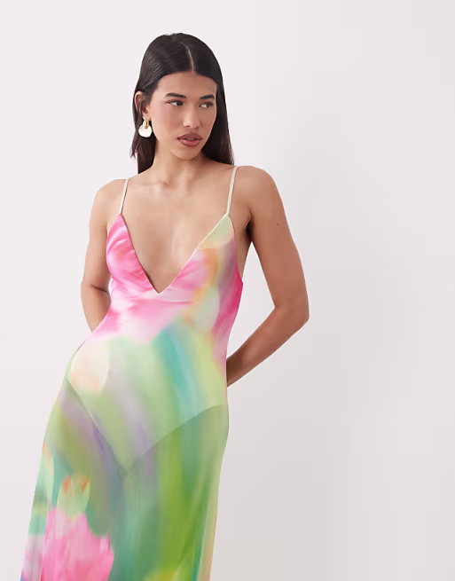 AFRM Rivka printed mesh inbuilt bodysuit detail plunge neck maxi dress in green floral print