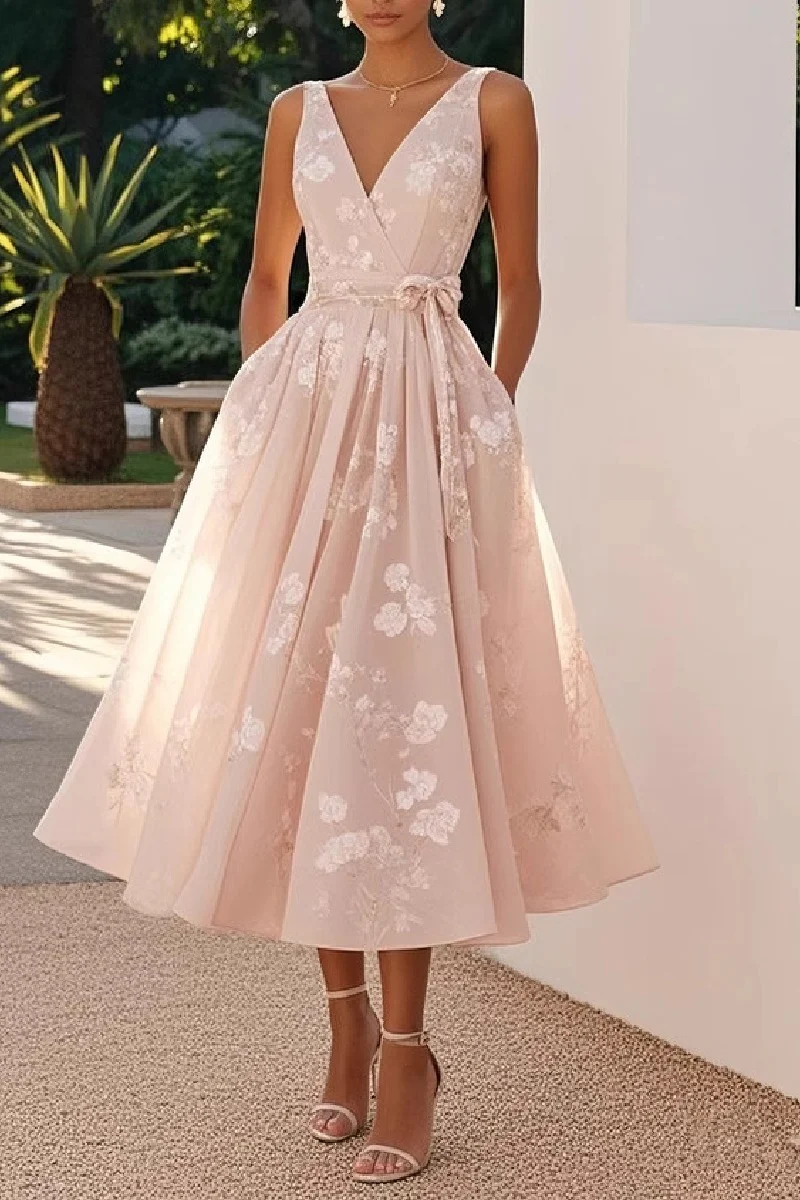 A-Line Tea Length Lace Wedding Guest Dress 936977177647