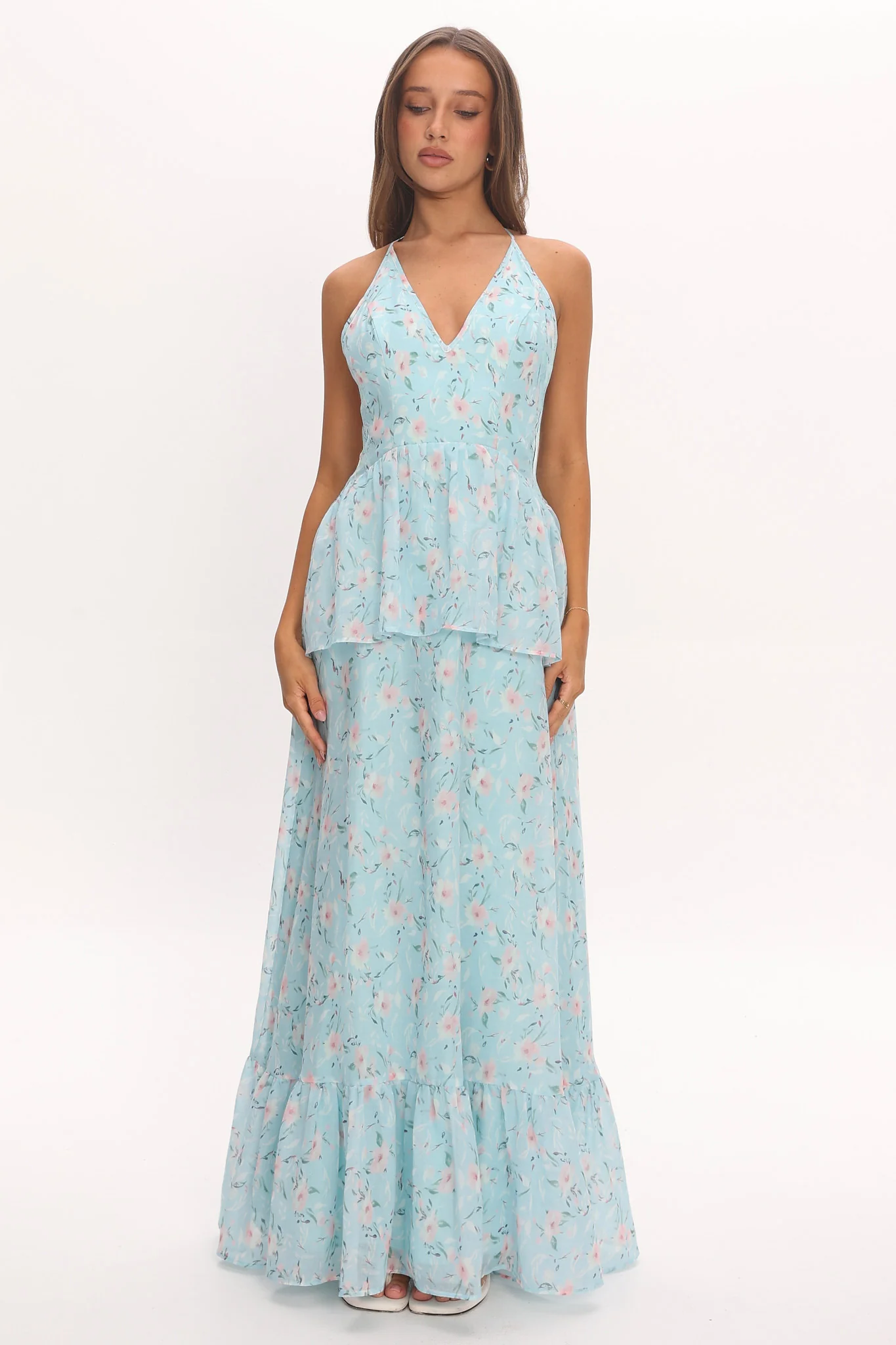 Whispering Petals Peplum Maxi Dress Baby Blue