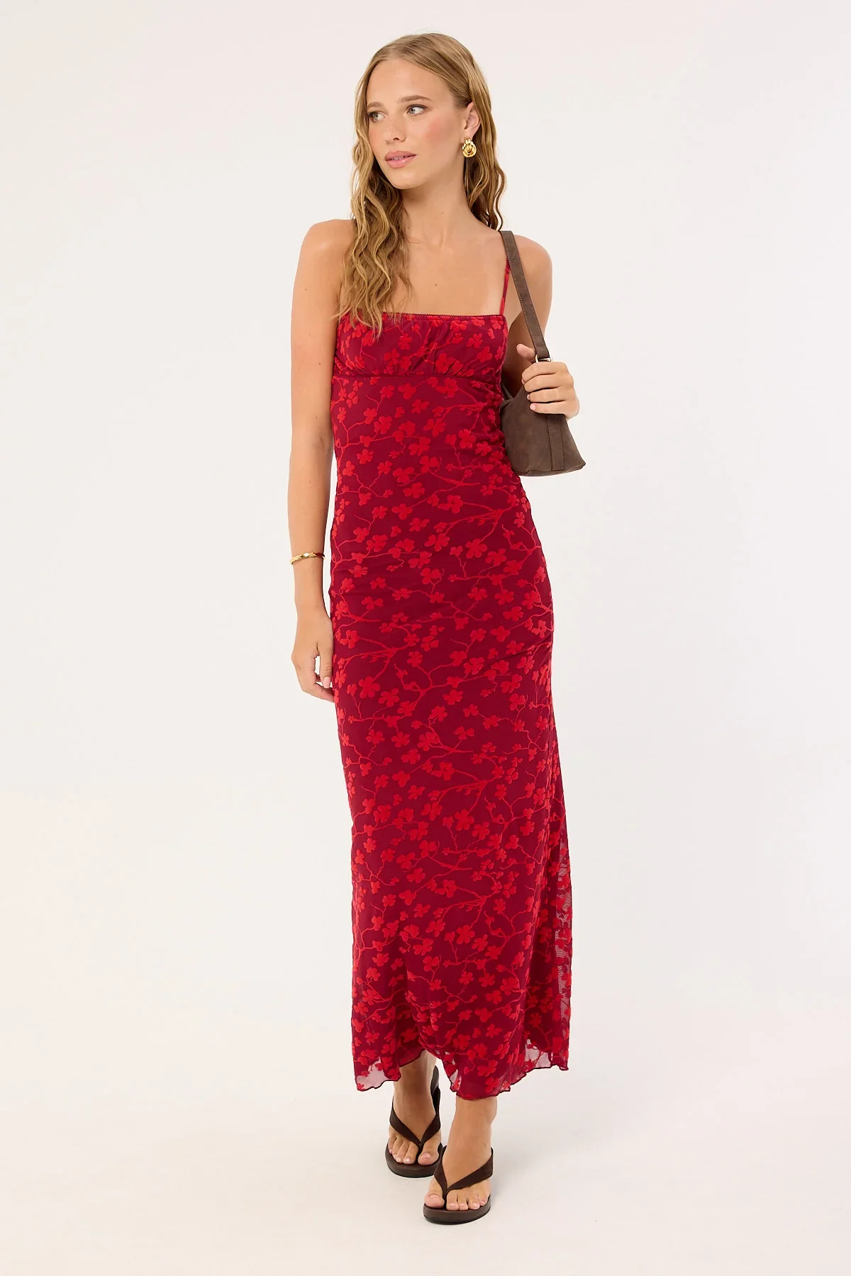Motel Darsih Cami Maxi Dress Red Grunge Floral Flock