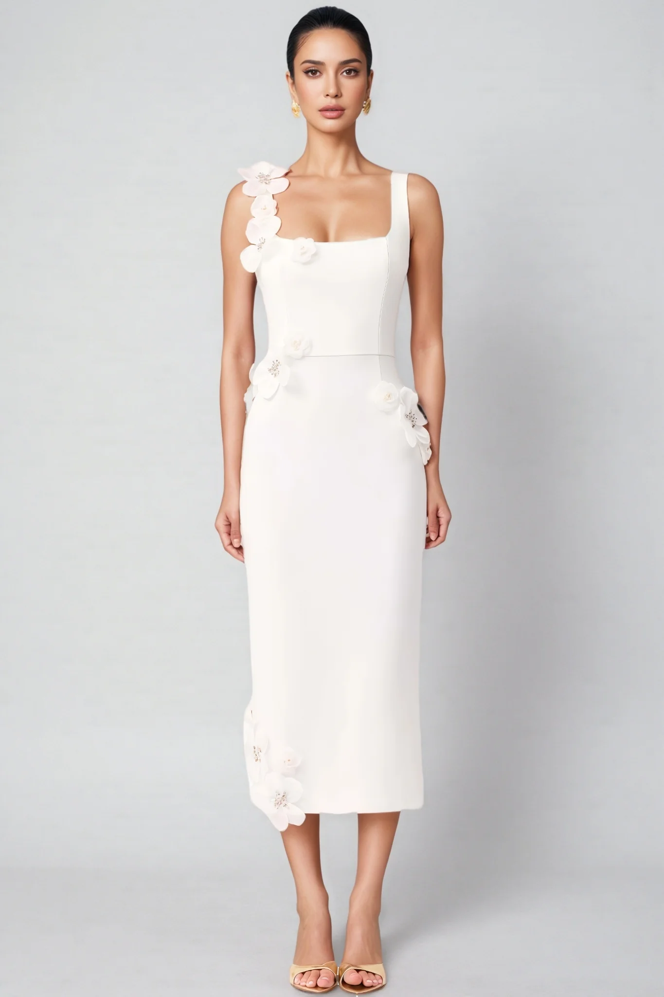 Flavia White 3D Floral Midi Dress