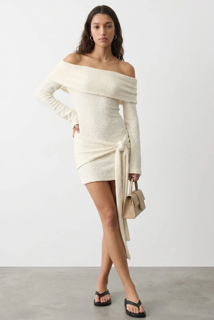 White Knitted Off Shoulder Tie Waist Mini Dress