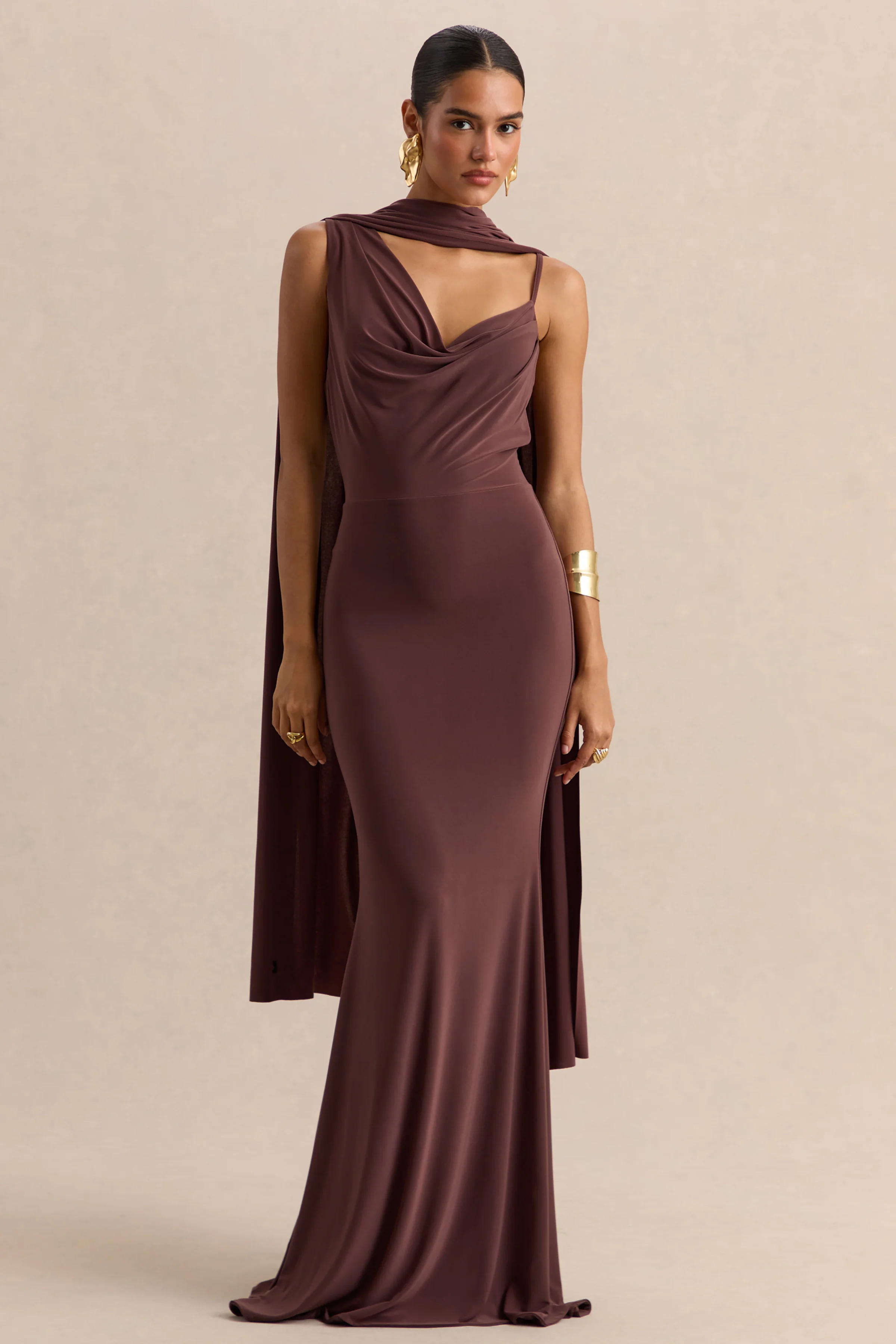 Armelia | Brown Cowl-Neck Maxi Dress With Scarf-Detail